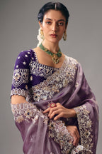 Lavender Mauve Organza Saree In Scallop Border