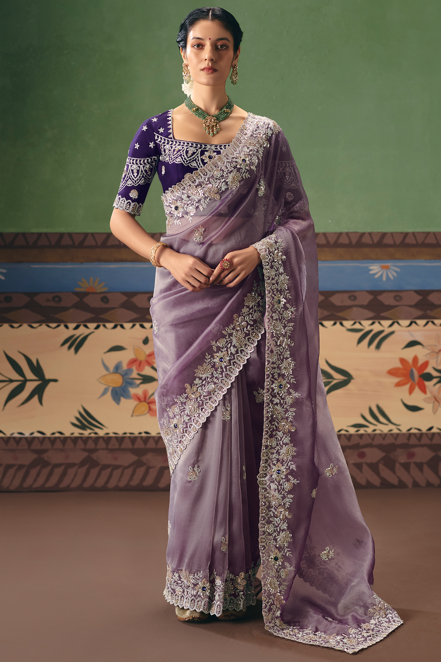 Lavender Mauve Organza Saree In Scallop Border