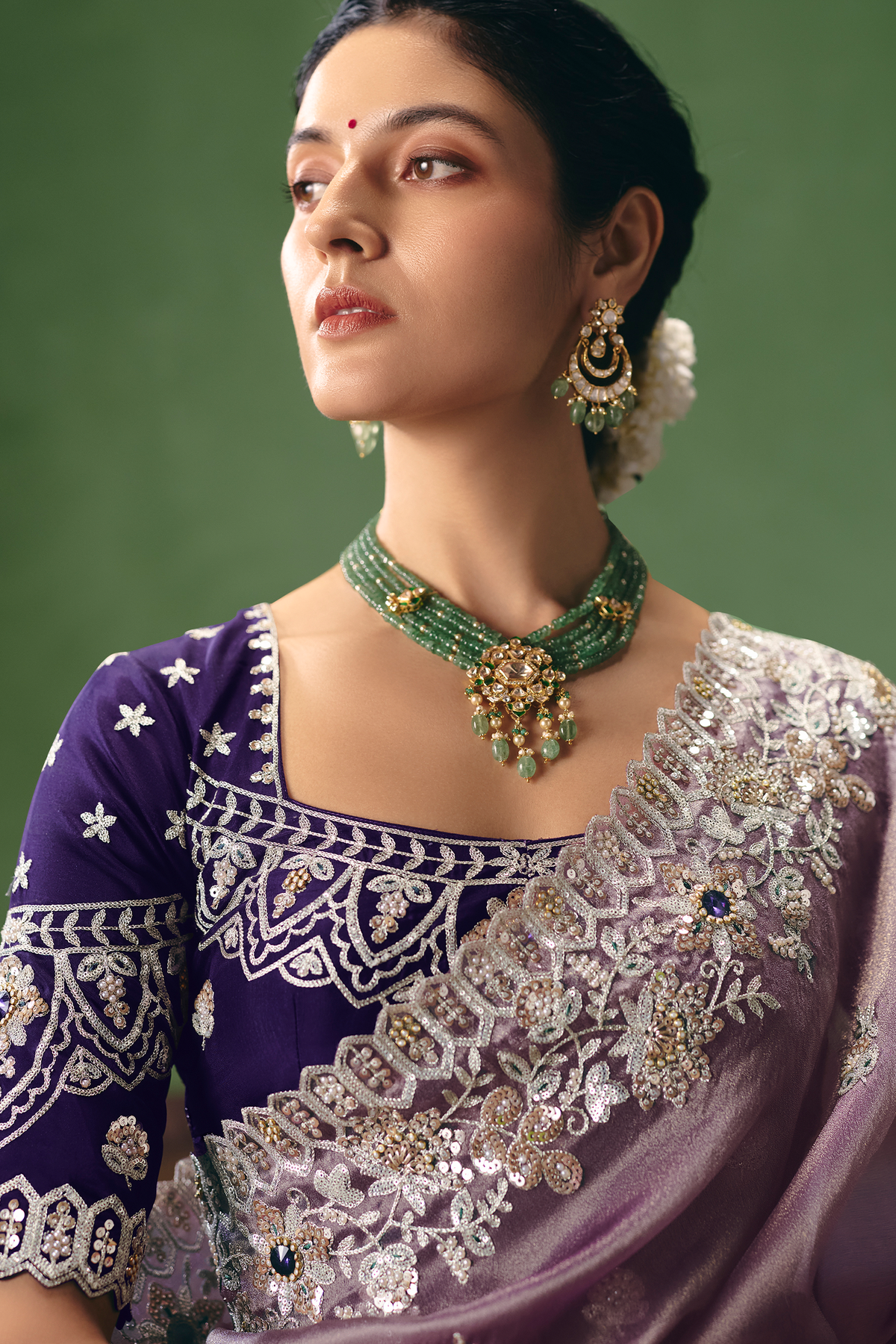 Lavender Mauve Organza Saree In Scallop Border