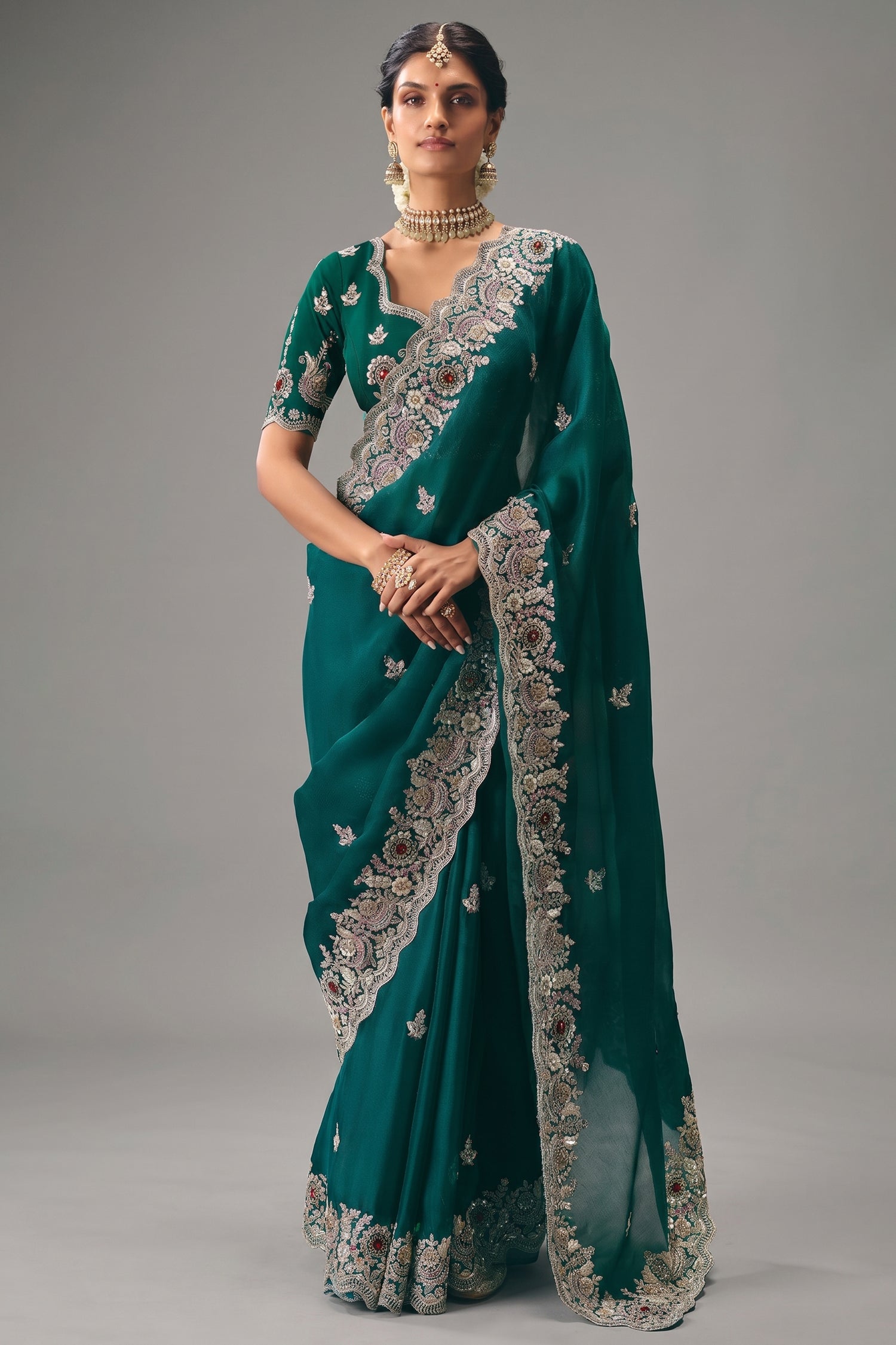 Emerald Green Silk Georgette Saree Adorned with Embroidery Main image