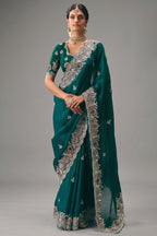 Emerald Green Silk Georgette Saree Adorned with Embroidery