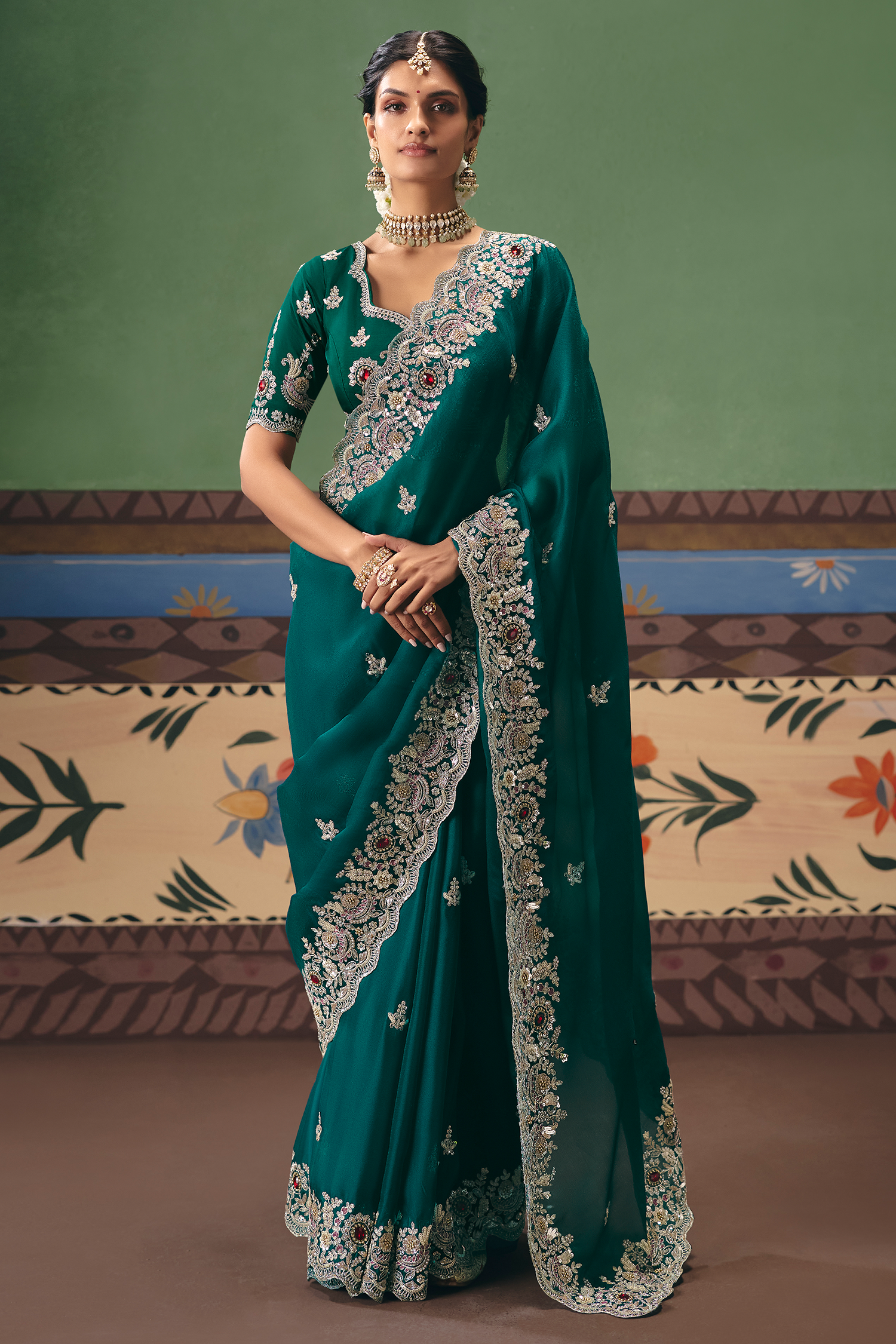 Emerald Green Silk Georgette Saree Adorned with Embroidery