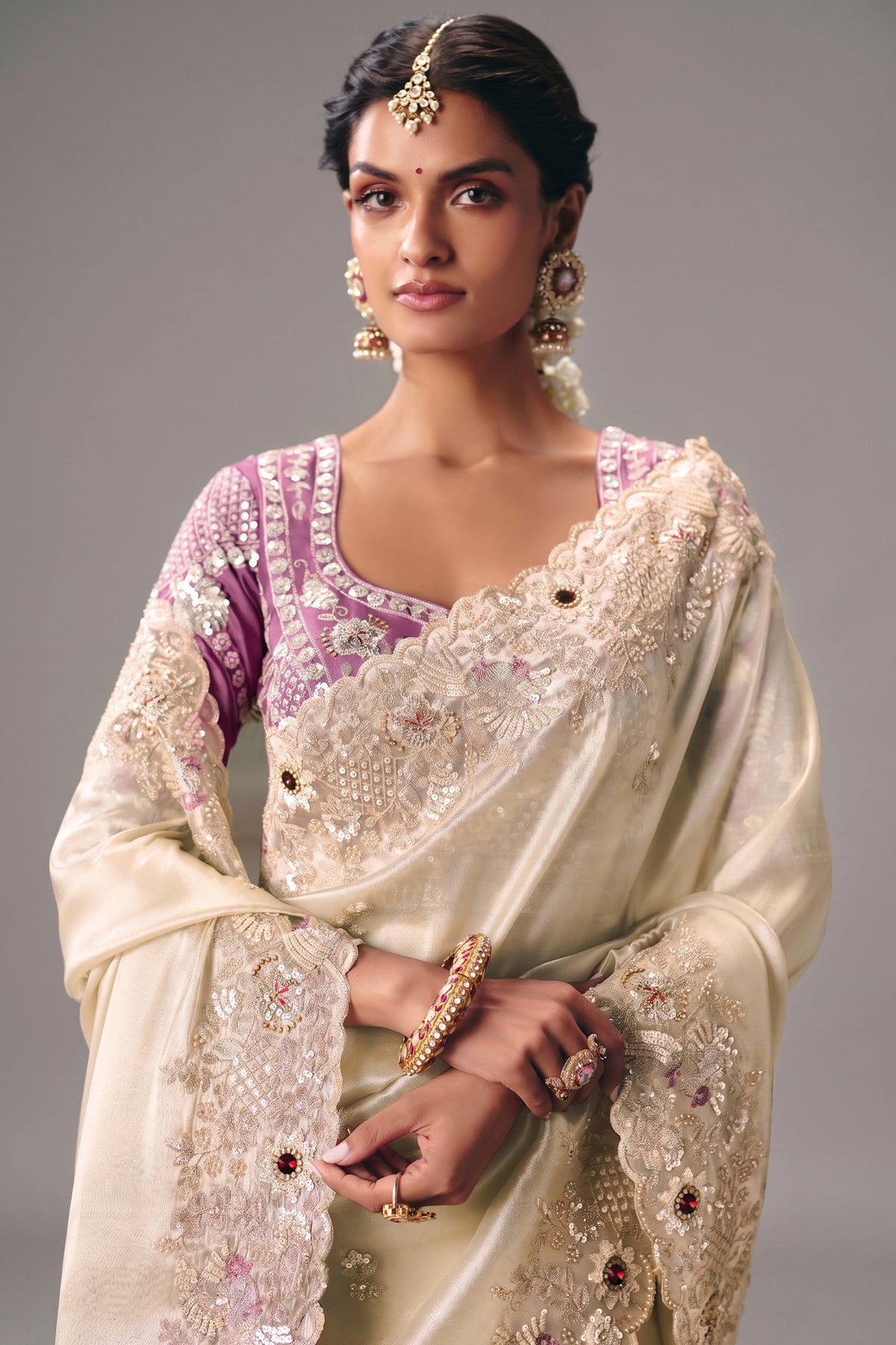 Ivory White Organza Saree Featuring Handcrafted Border