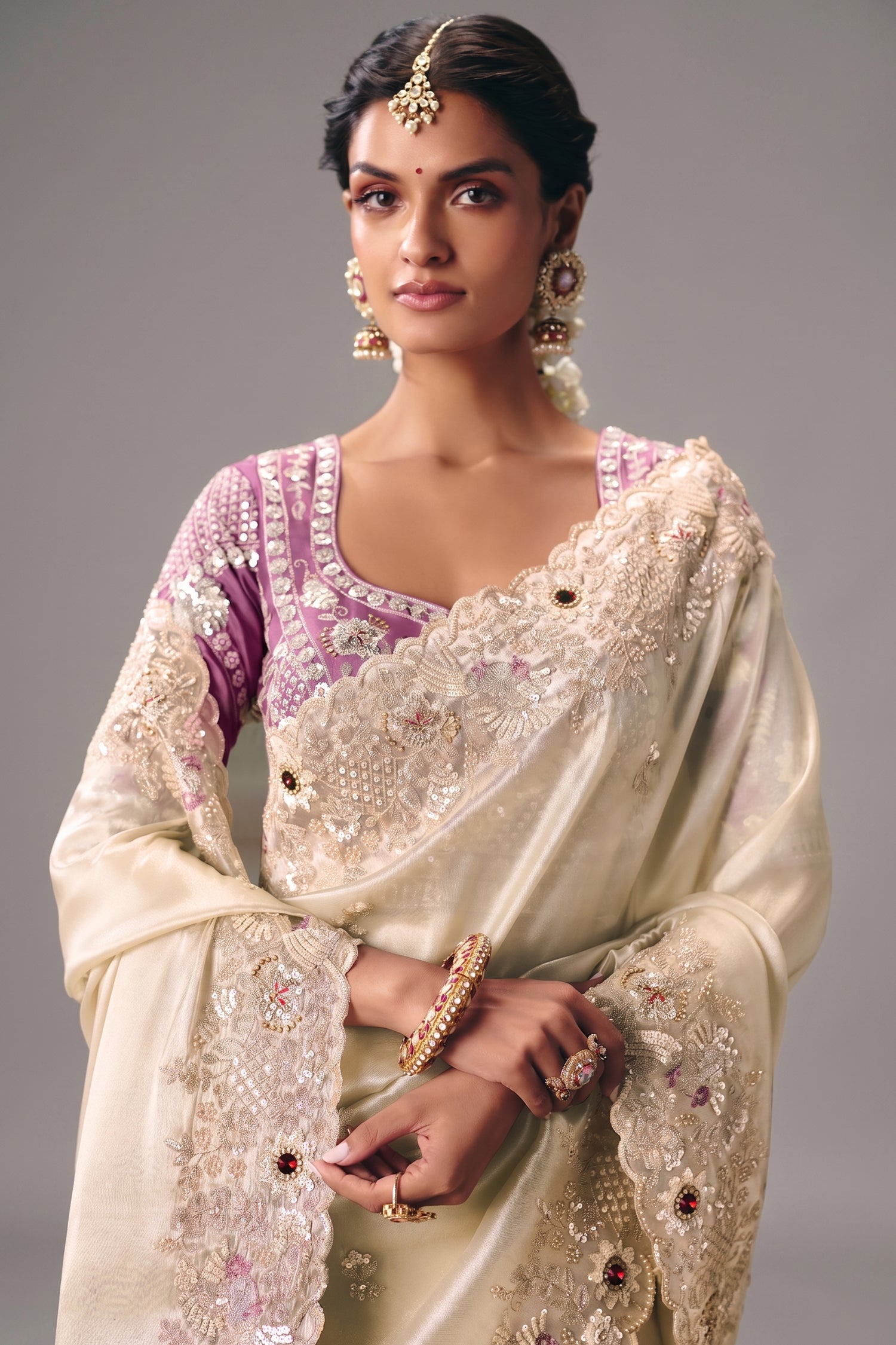 Ivory White Organza Saree Featuring Handcrafted Border