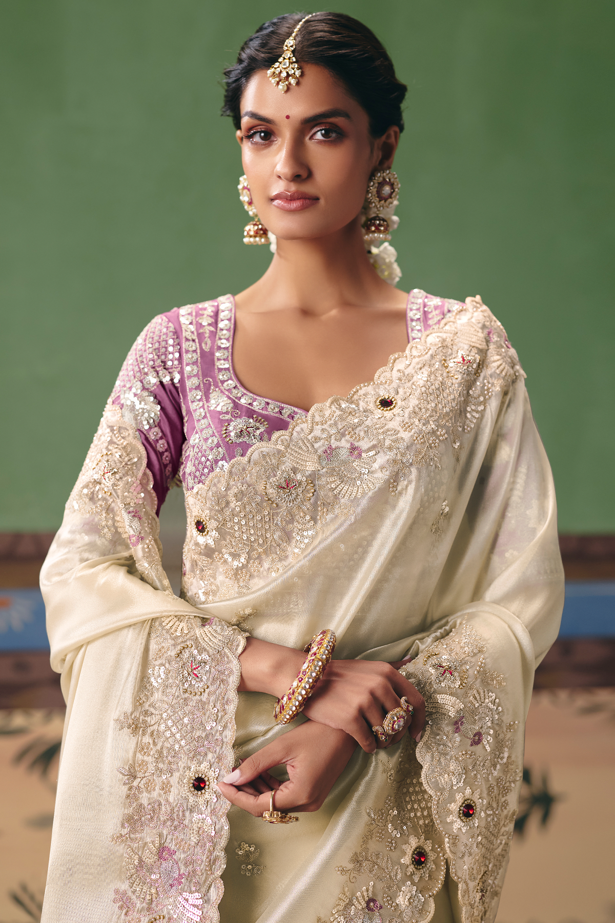 Ivory White Organza Saree Featuring Handcrafted Border