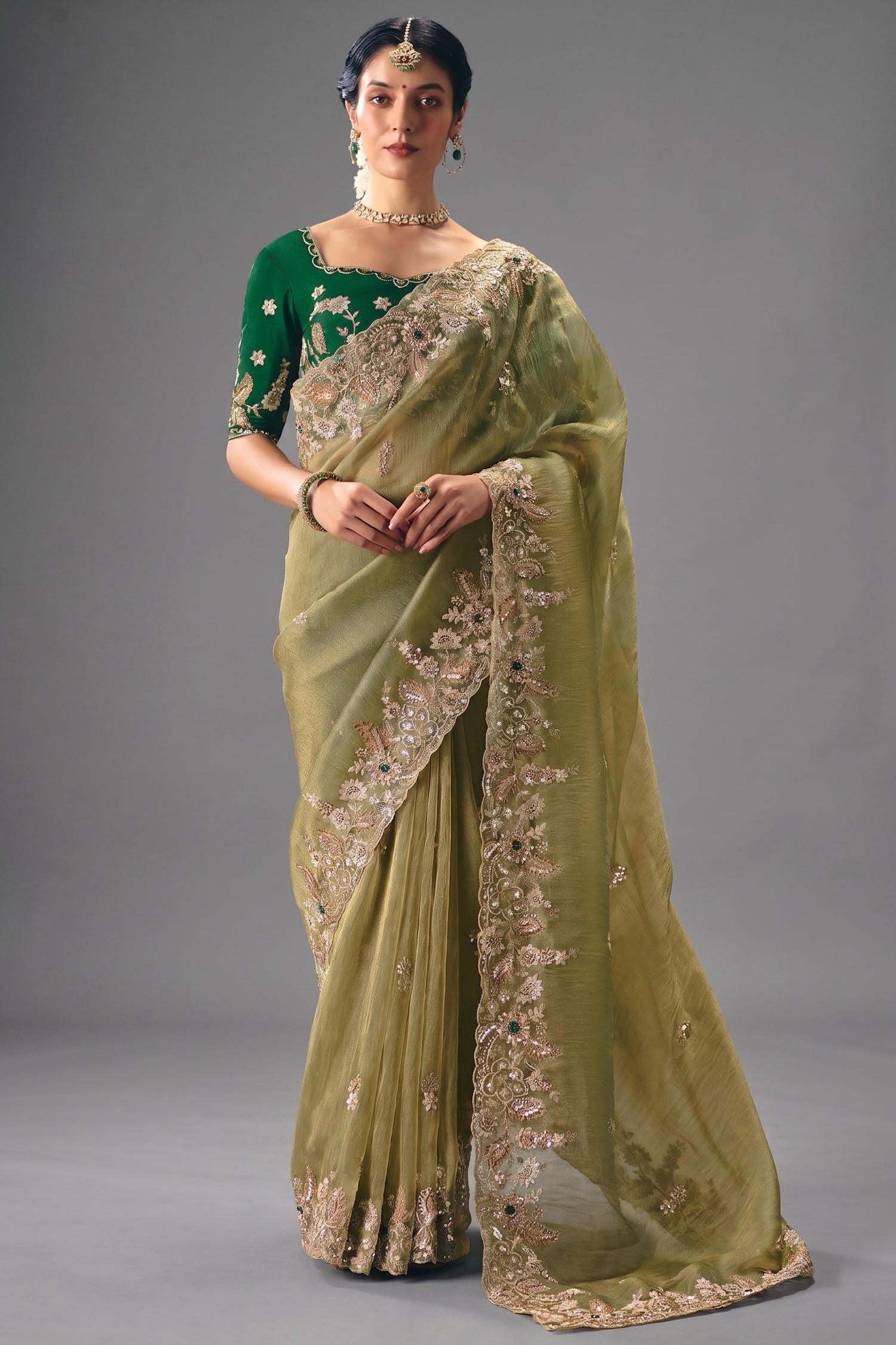 Olive Green Translucent Saree with Dense Border Embroidery Main image