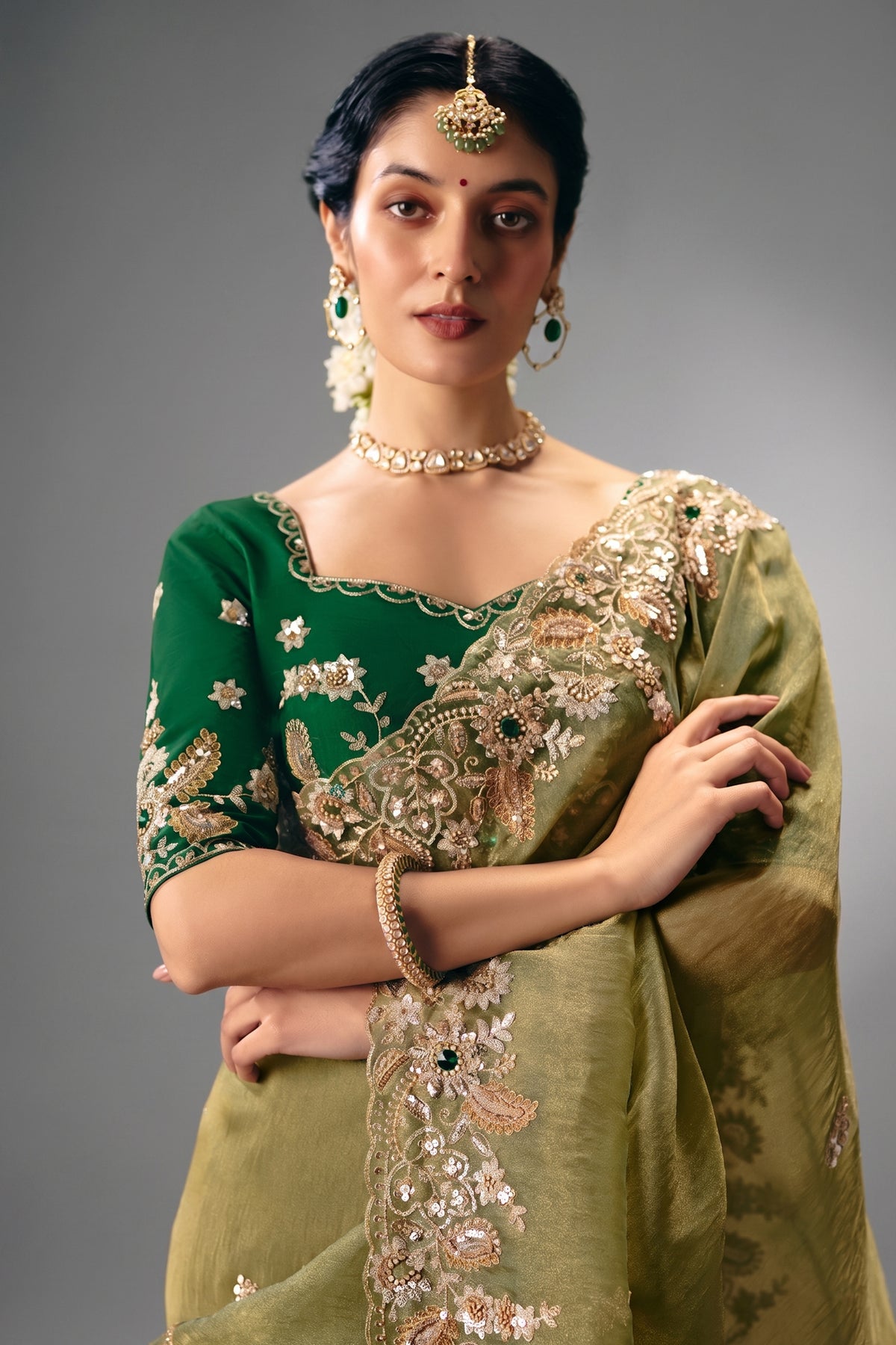 Olive Green Translucent Saree with Dense Border Embroidery