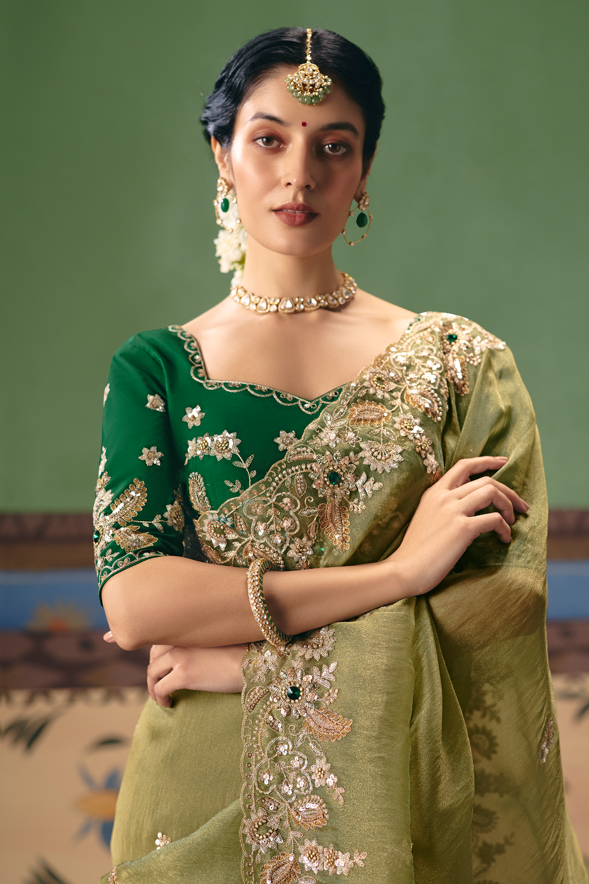 Olive Green Translucent Saree with Dense Border Embroidery