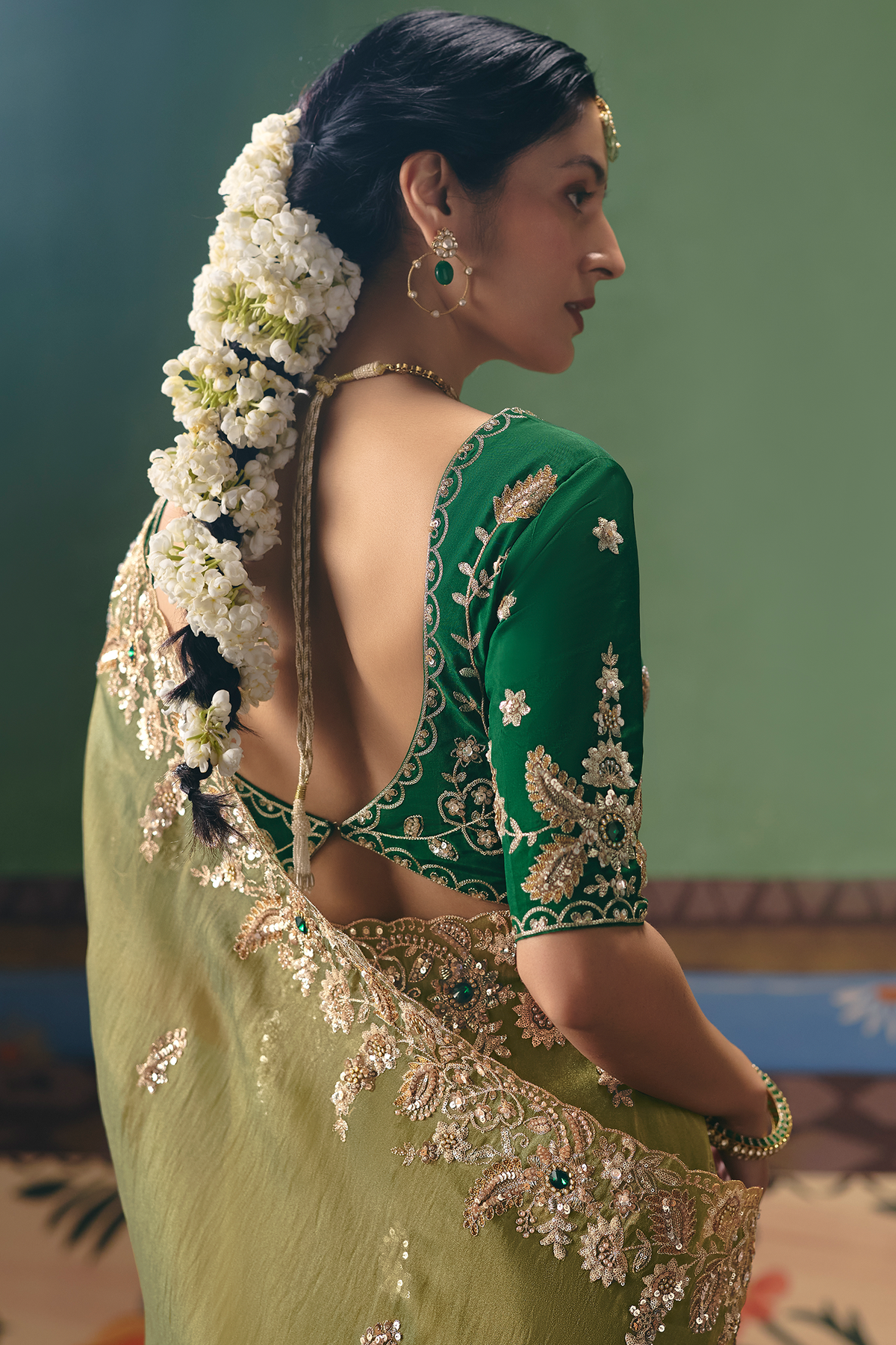 Olive Green Translucent Saree with Dense Border Embroidery