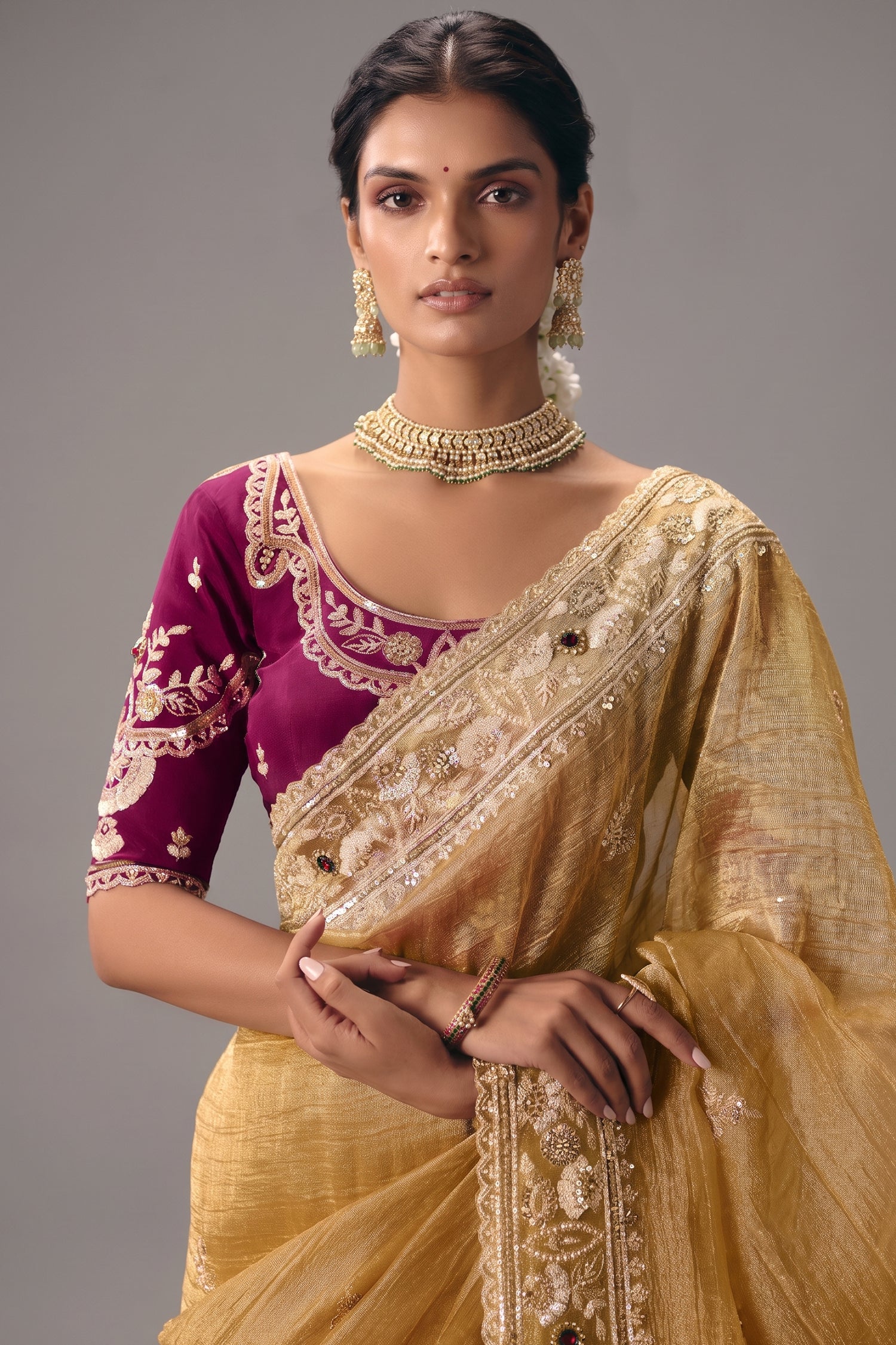 Honey Mustard Organza Saree Showcasing Heavy Border Work Secondary image