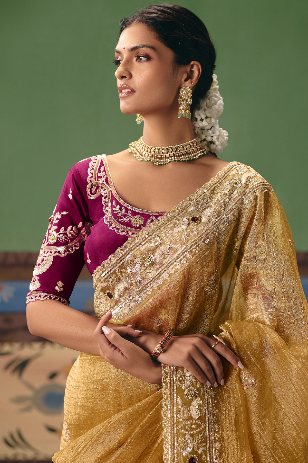 Honey Mustard Organza Saree Showcasing Heavy Border Work