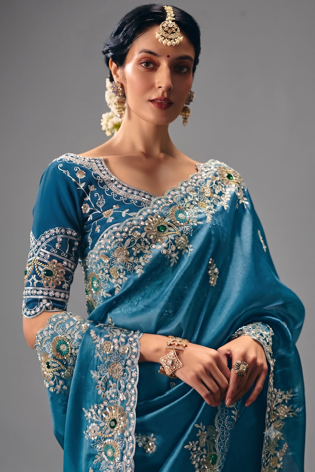 Slate Blue Georgette Saree Enriched With Intricate Silver Zari Work