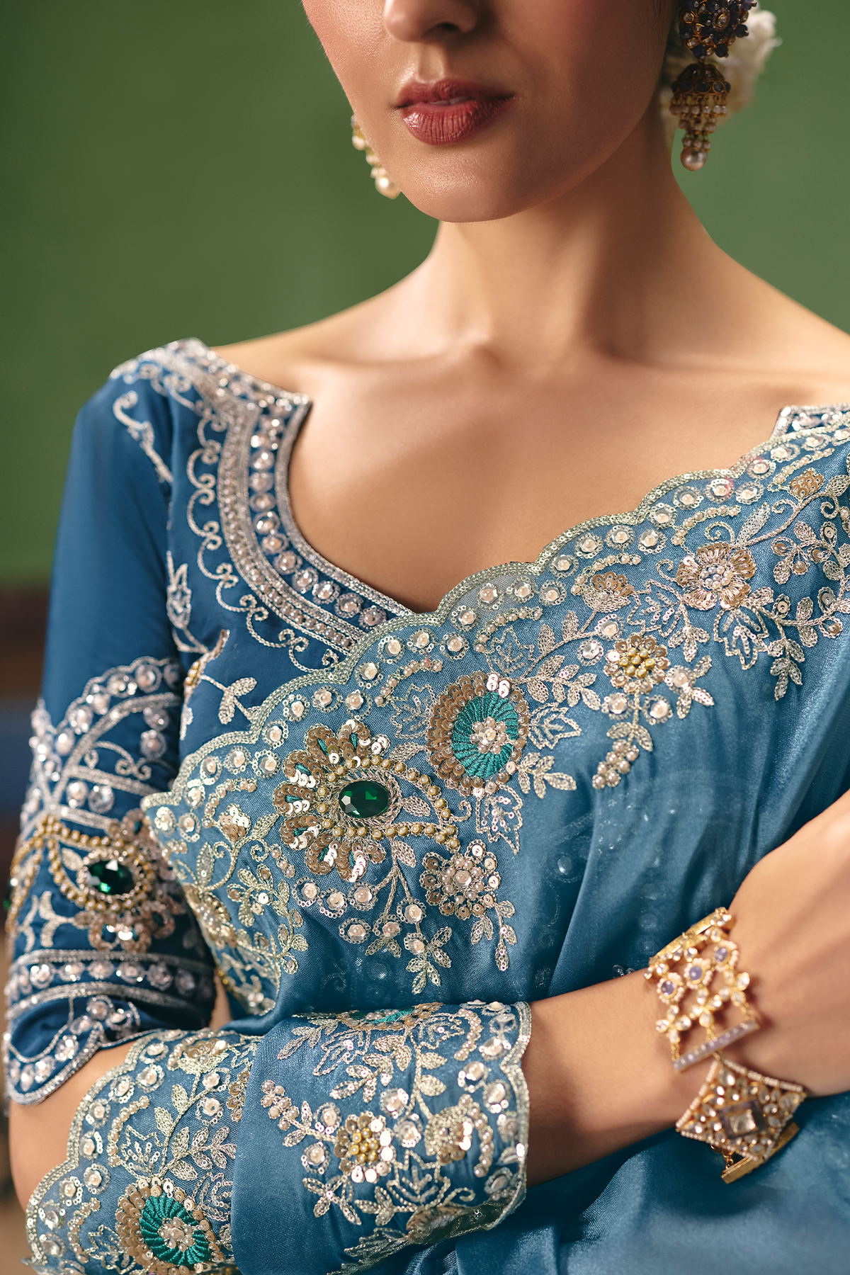Slate Blue Georgette Saree Enriched With Intricate Silver Zari Work