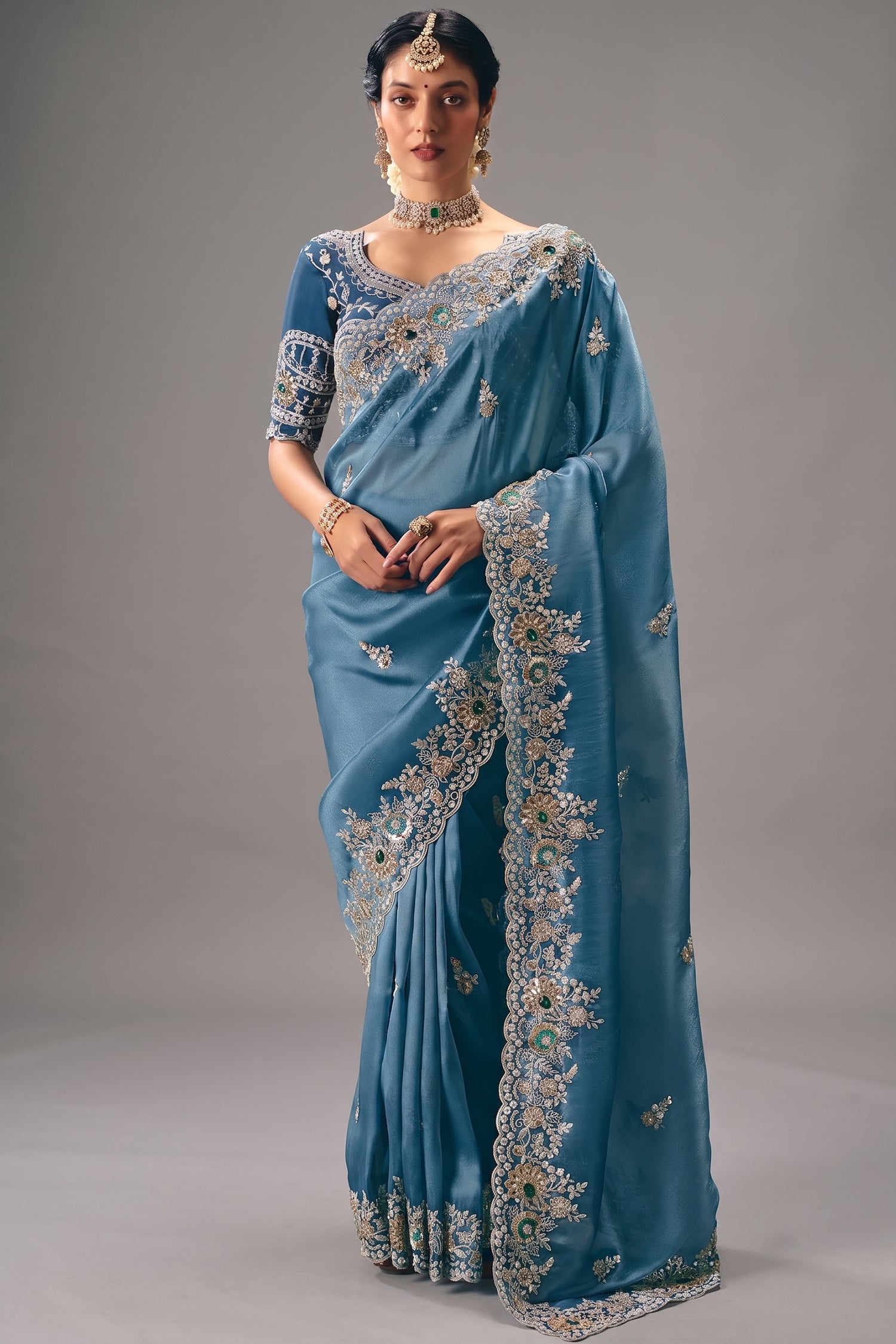 Slate Blue Georgette Saree Enriched With Intricate Silver Zari Work Main image
