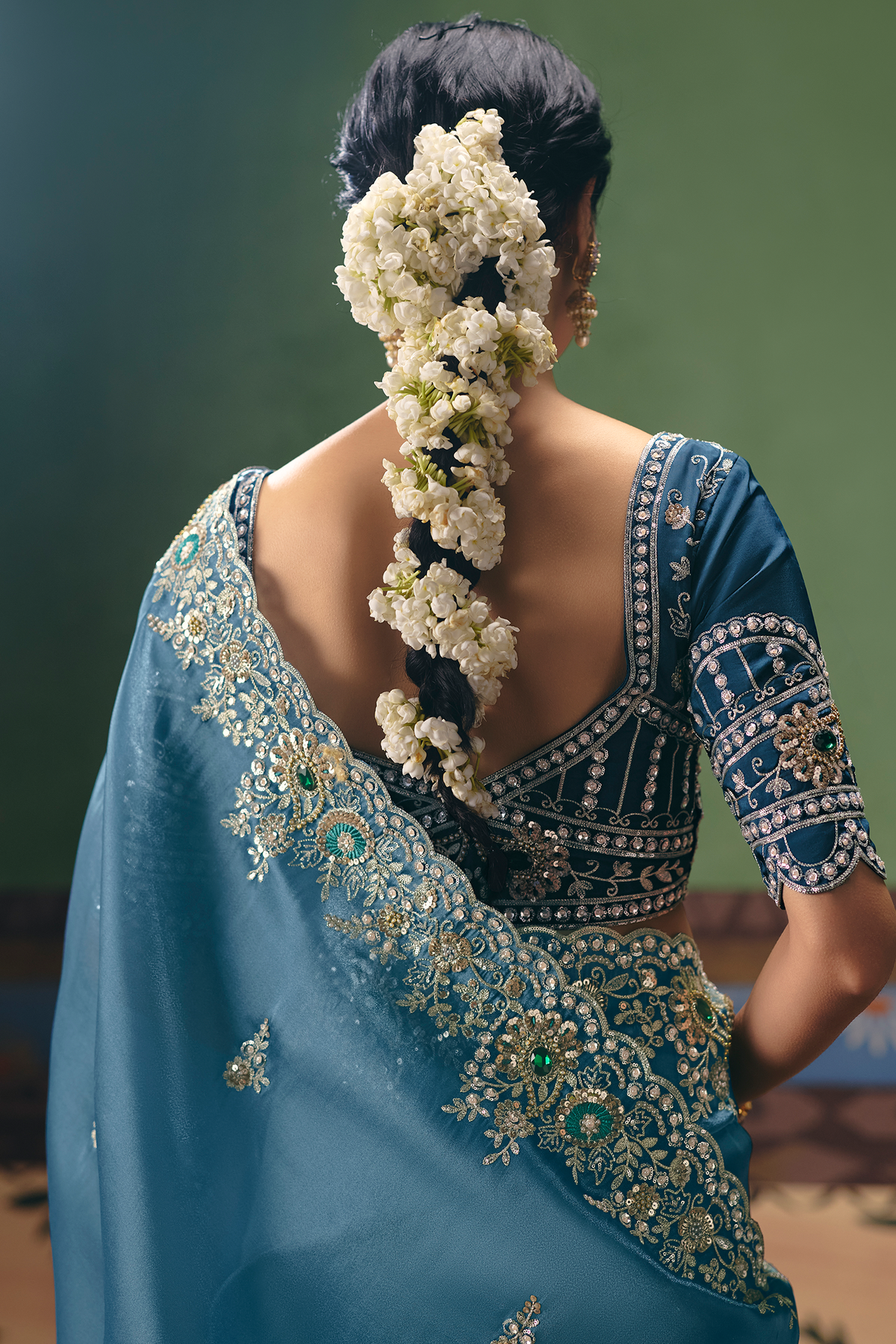 Slate Blue Georgette Saree Enriched With Intricate Silver Zari Work