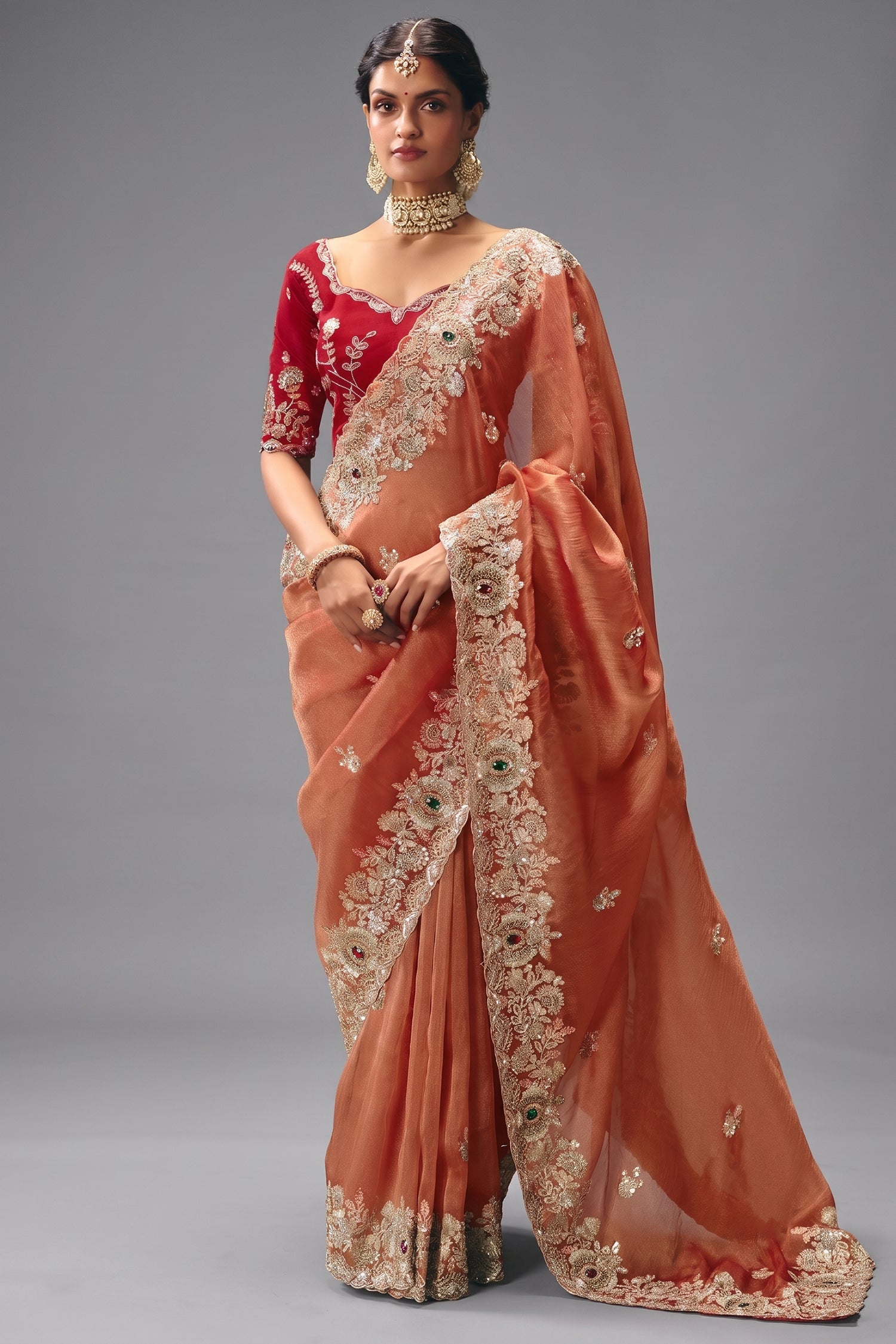 Rust Salmon Saree Highlighting Rich Floral Border Work Main image