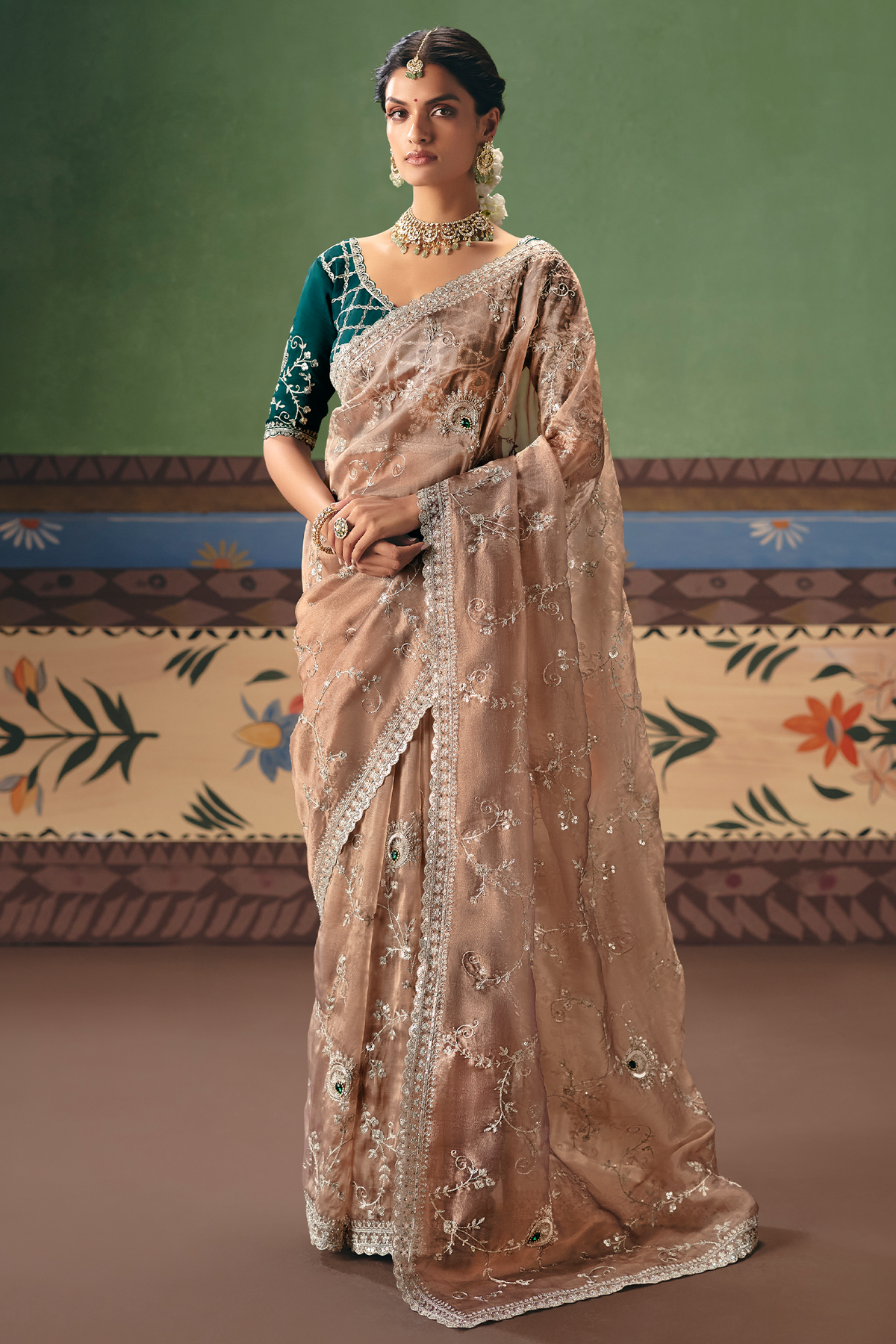 Dusty Rose Brown Saree with Floral jaal Embroidery & Sequin Buttis