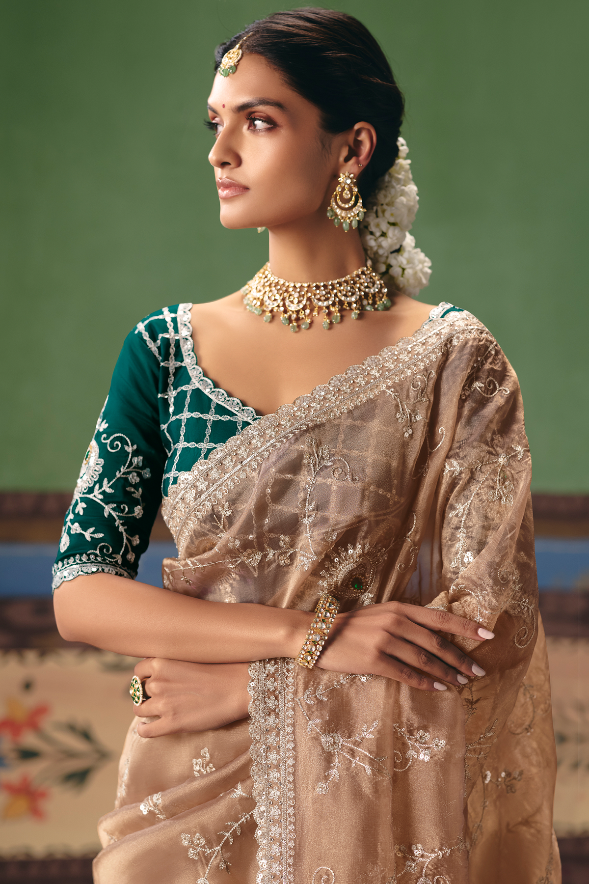 Dusty Rose Brown Saree with Floral jaal Embroidery & Sequin Buttis