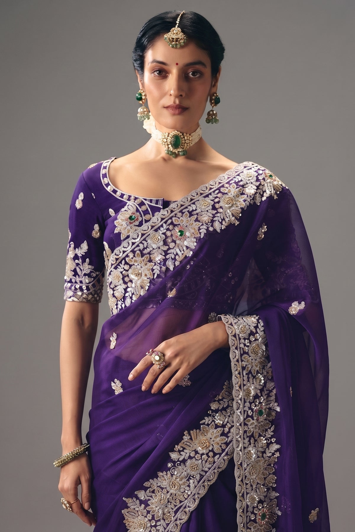 Royal Grape Purple Organza Saree with Intricate Border Embroidery