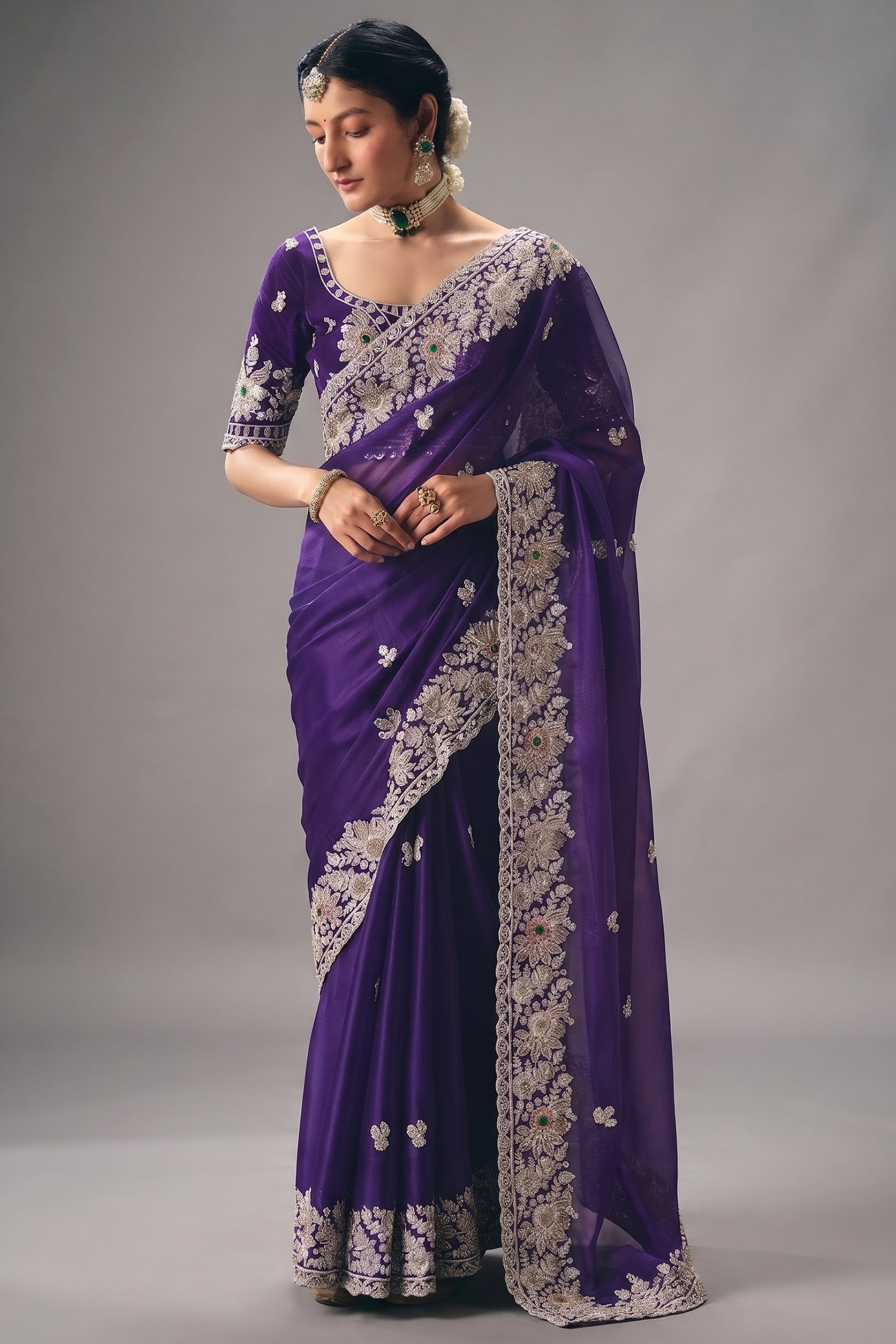 Royal Grape Purple Organza Saree with Intricate Border Embroidery Main image