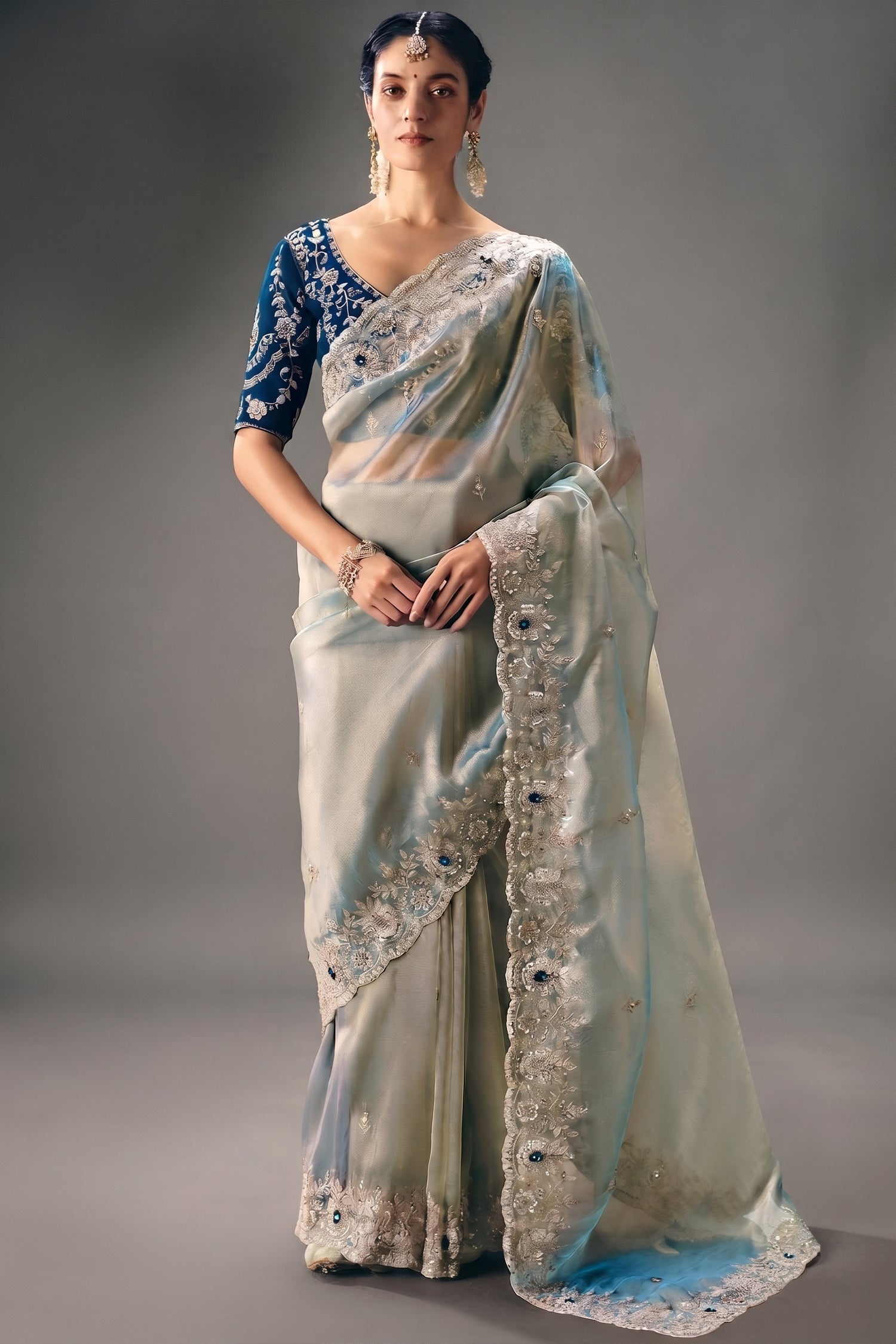 Powder Blue Ice Sheer Saree Detailed with Pastel Embroidery Main image