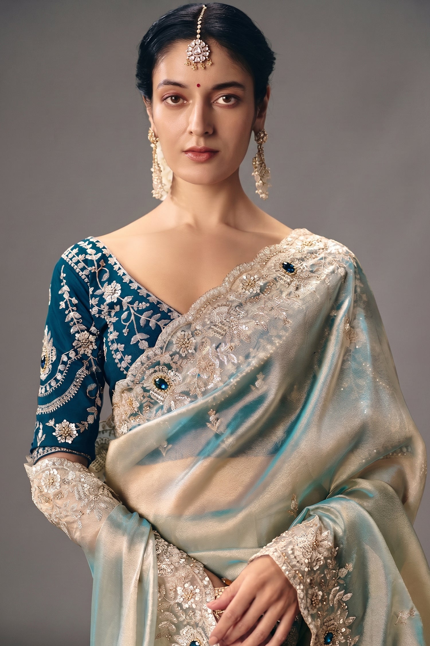 Powder Blue Ice Sheer Saree Detailed with Pastel Embroidery Secondary image