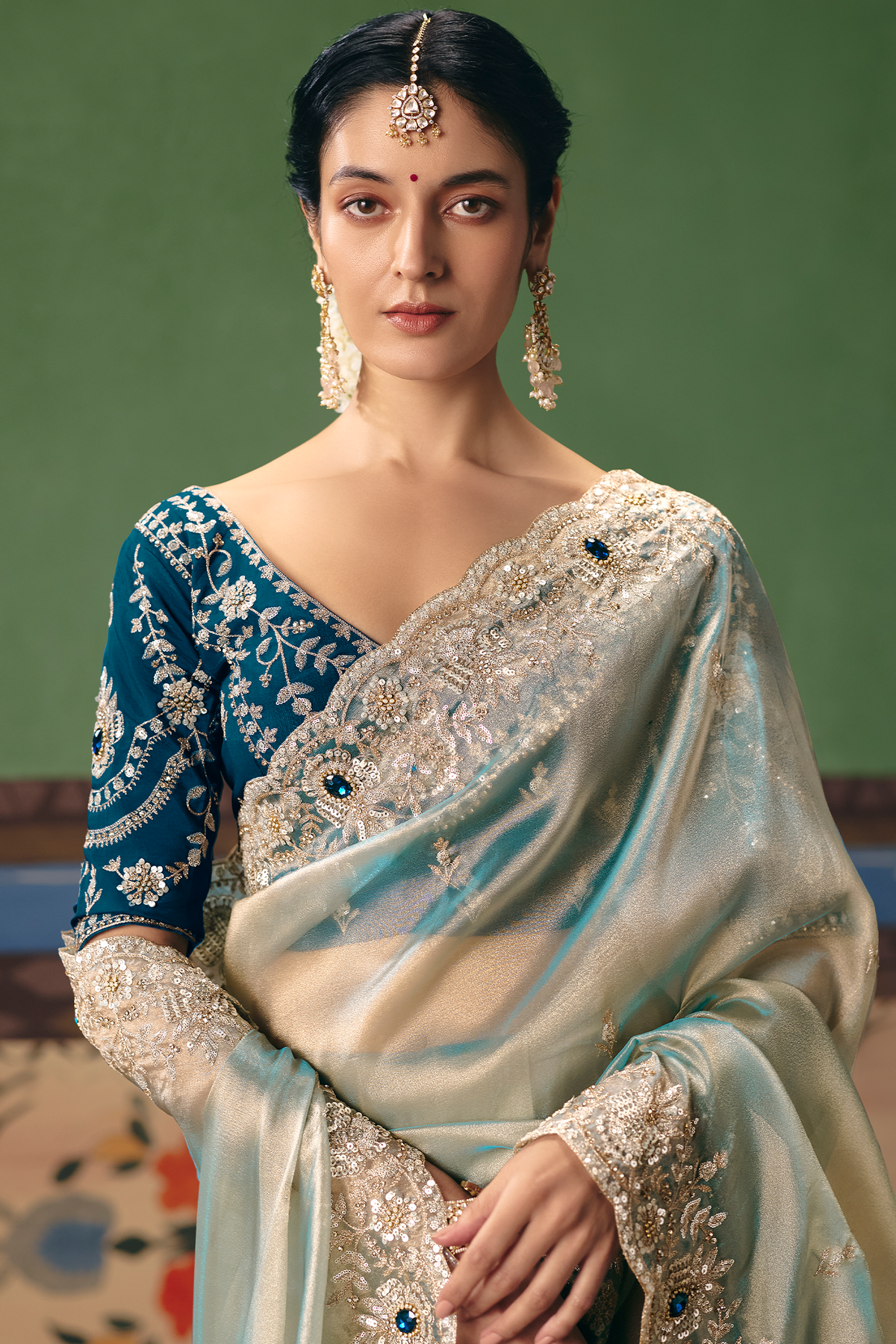 Powder Blue Ice Sheer Saree Detailed with Pastel Embroidery