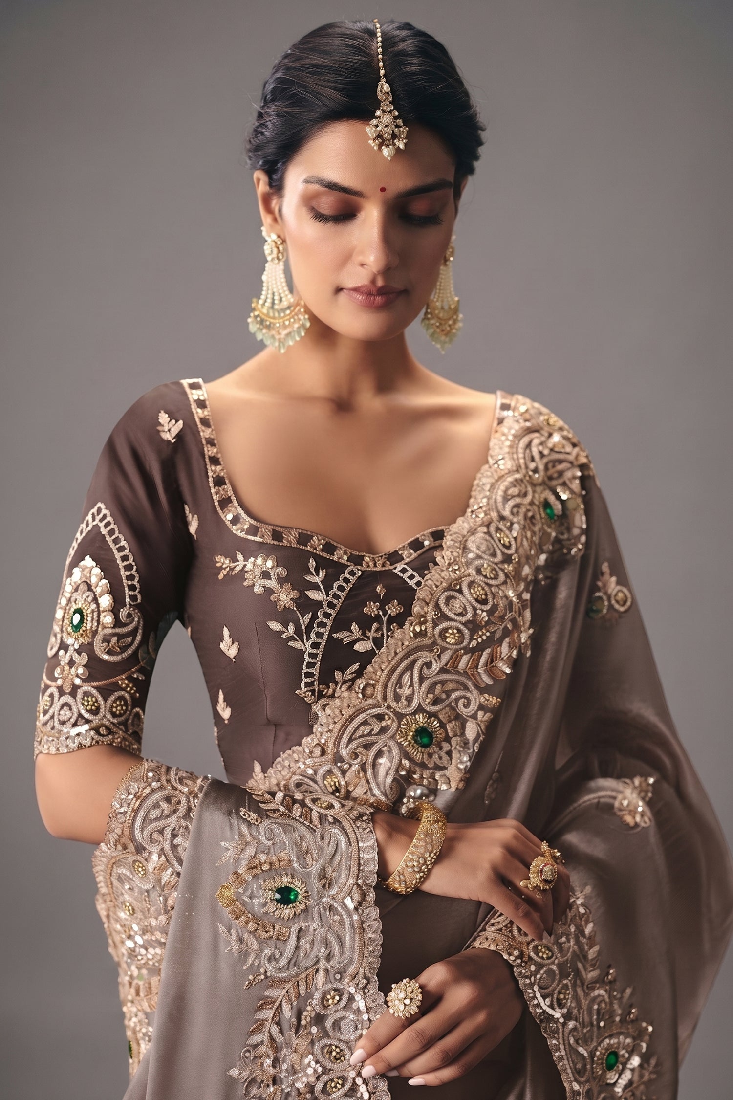 Taupe Brown Saree Adorned with Heavy Muted Floral Border Embroidery Secondary image