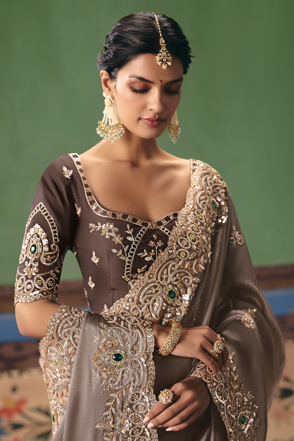 Taupe Brown Saree Adorned with Heavy Muted Floral Border Embroidery
