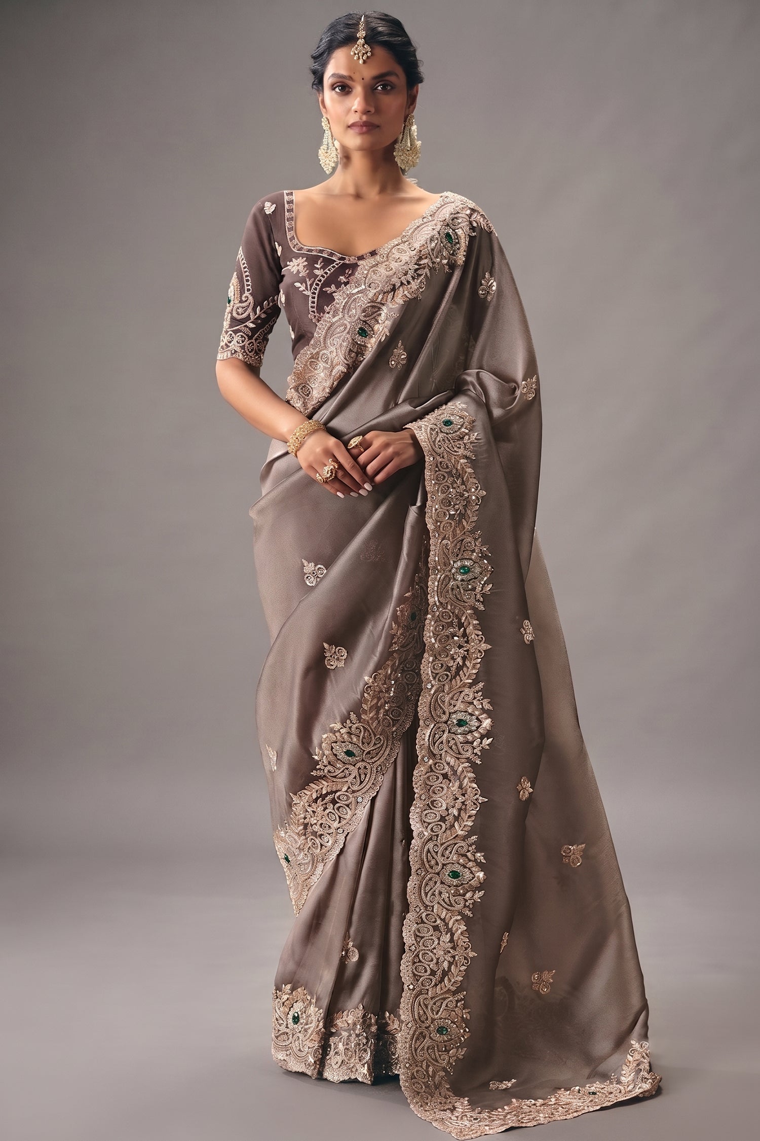 Taupe Brown Saree Adorned with Heavy Muted Floral Border Embroidery Main image