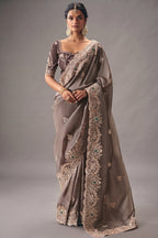 Taupe Brown Saree Adorned with Heavy Muted Floral Border Embroidery