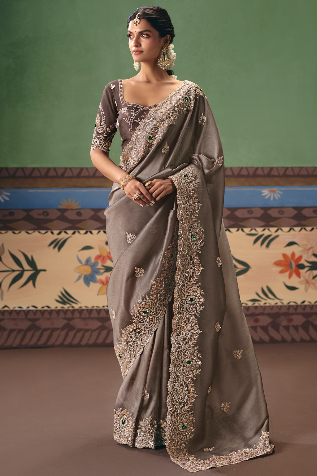 Taupe Brown Saree Adorned with Heavy Muted Floral Border Embroidery