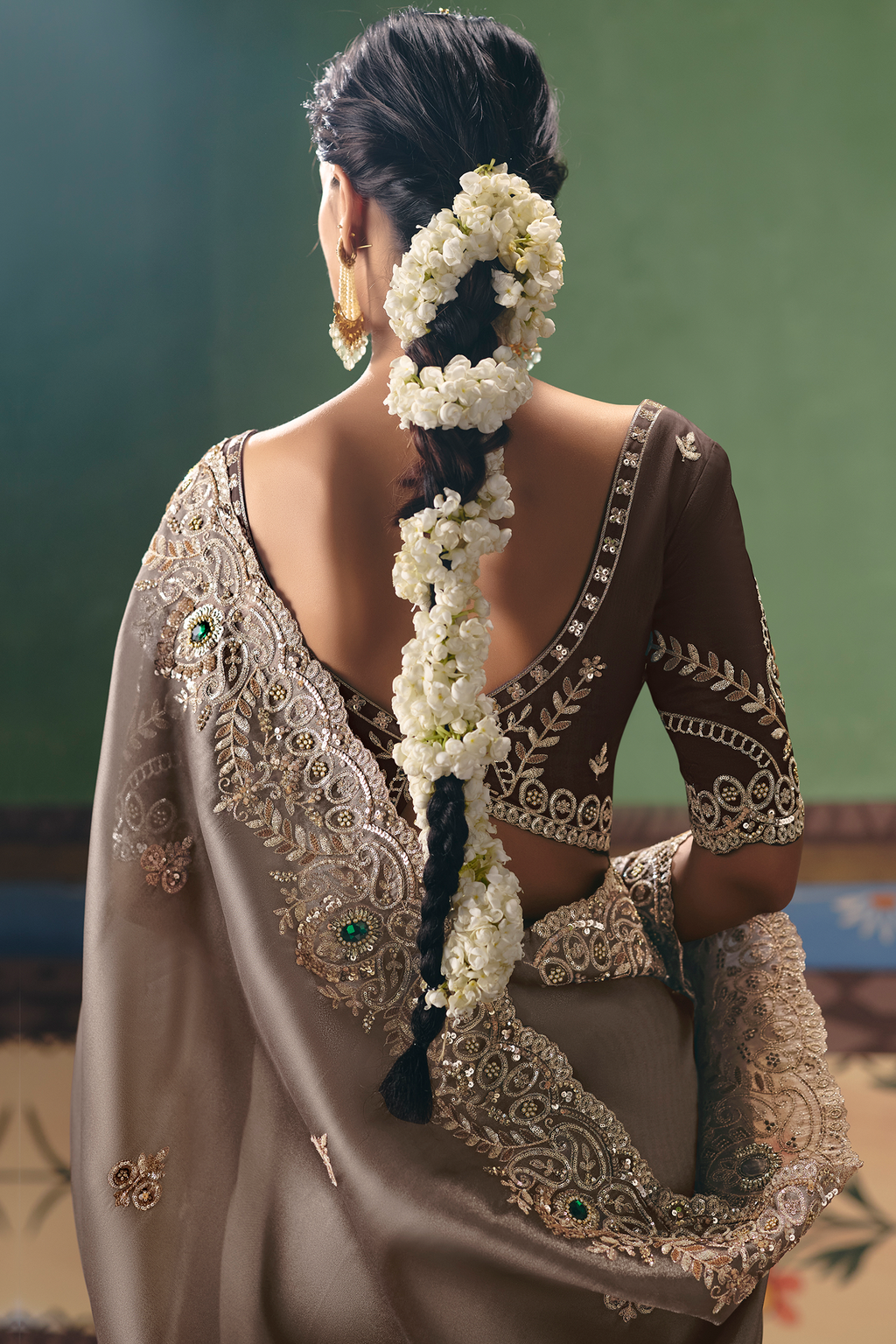 Taupe Brown Saree Adorned with Heavy Muted Floral Border Embroidery