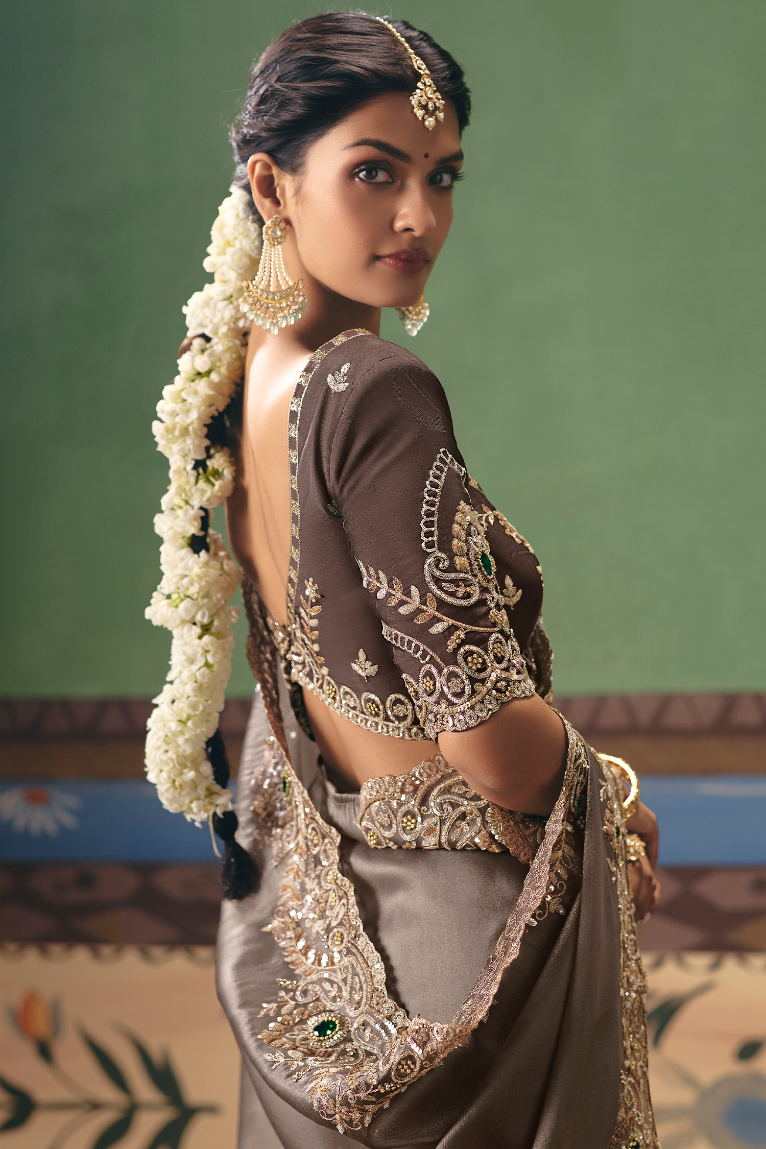 Taupe Brown Saree Adorned with Heavy Muted Floral Border Embroidery