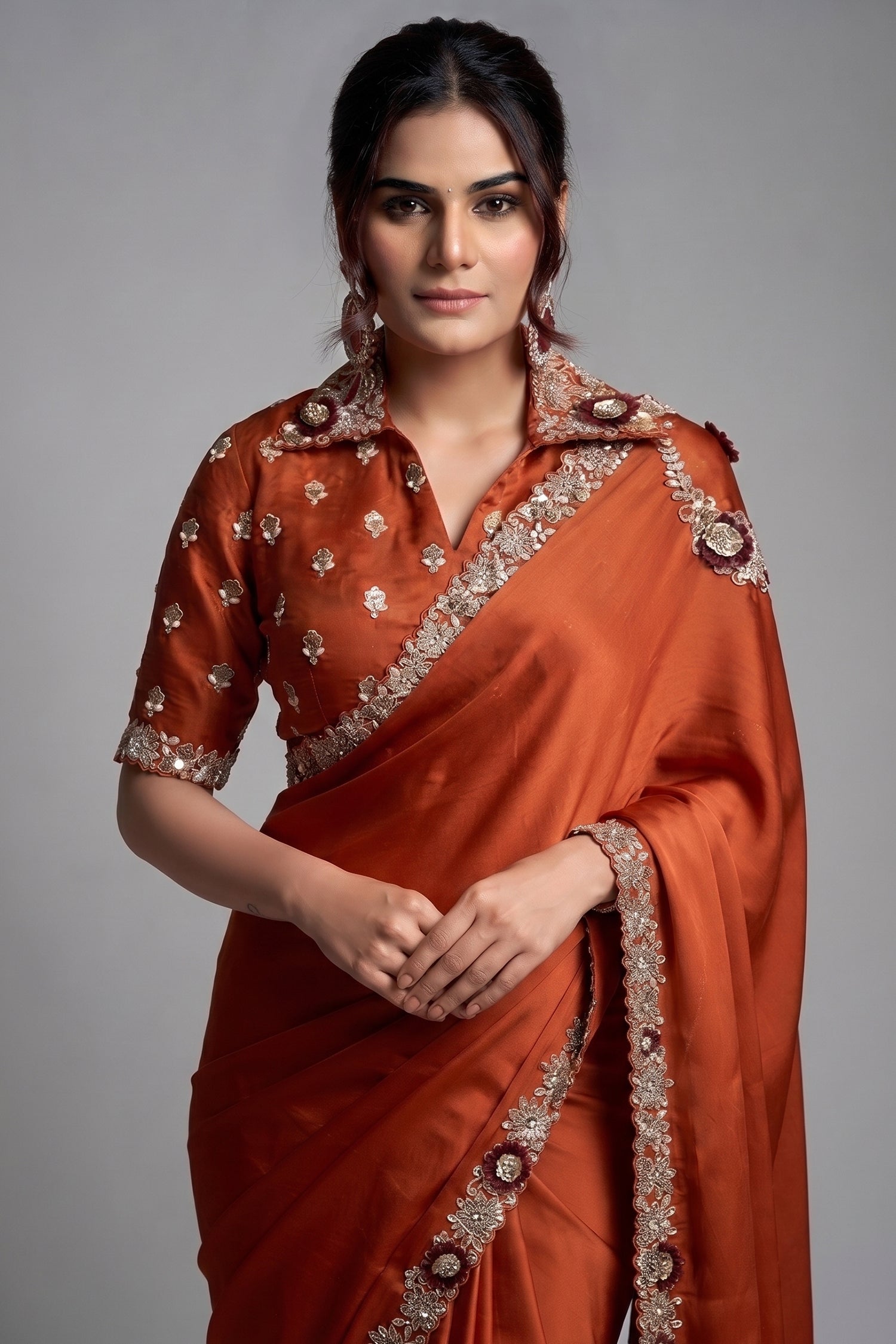 Burnt Copper Rust Satin Silk Saree Showcasing Sequin Embroidery Secondary image