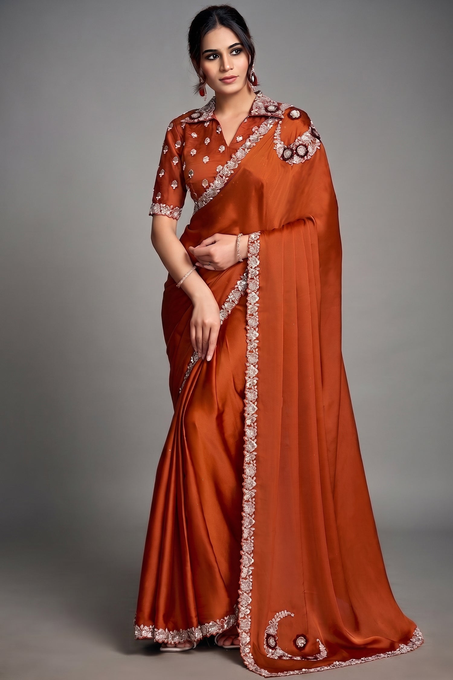 Burnt Copper Rust Satin Silk Saree Showcasing Sequin Embroidery Main image