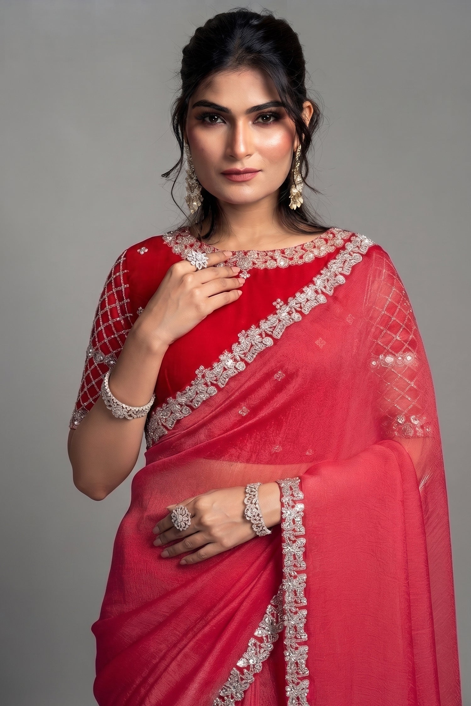 Raspberry Red Organza Satin Saree with Embroidery Secondary image