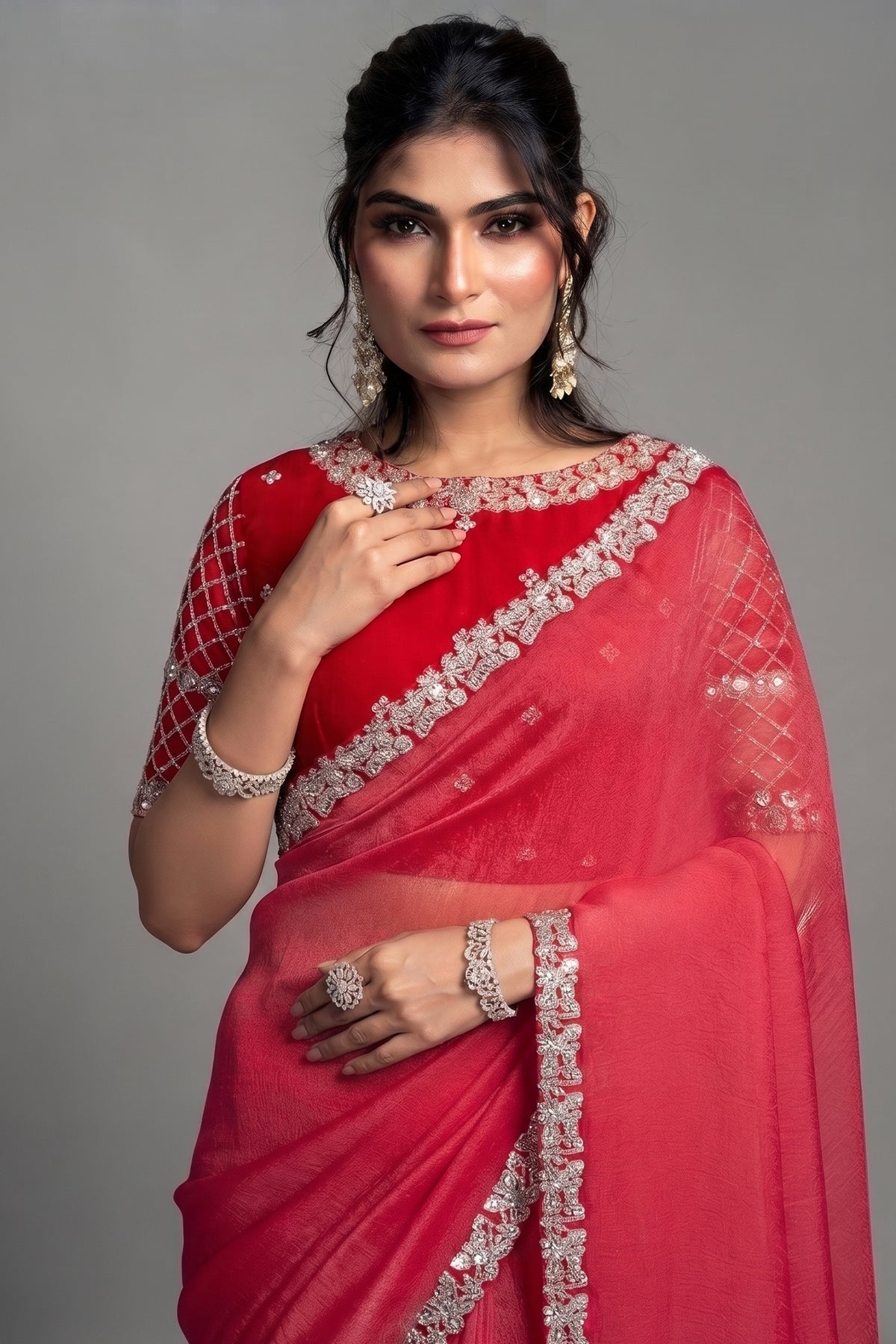 Raspberry Red Organza Satin Saree with Embroidery
