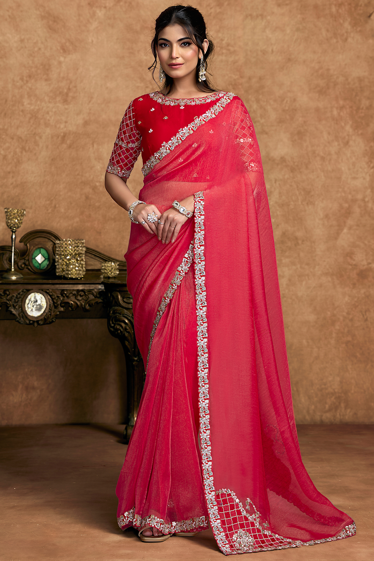 Raspberry Red Organza Satin Saree with Embroidery