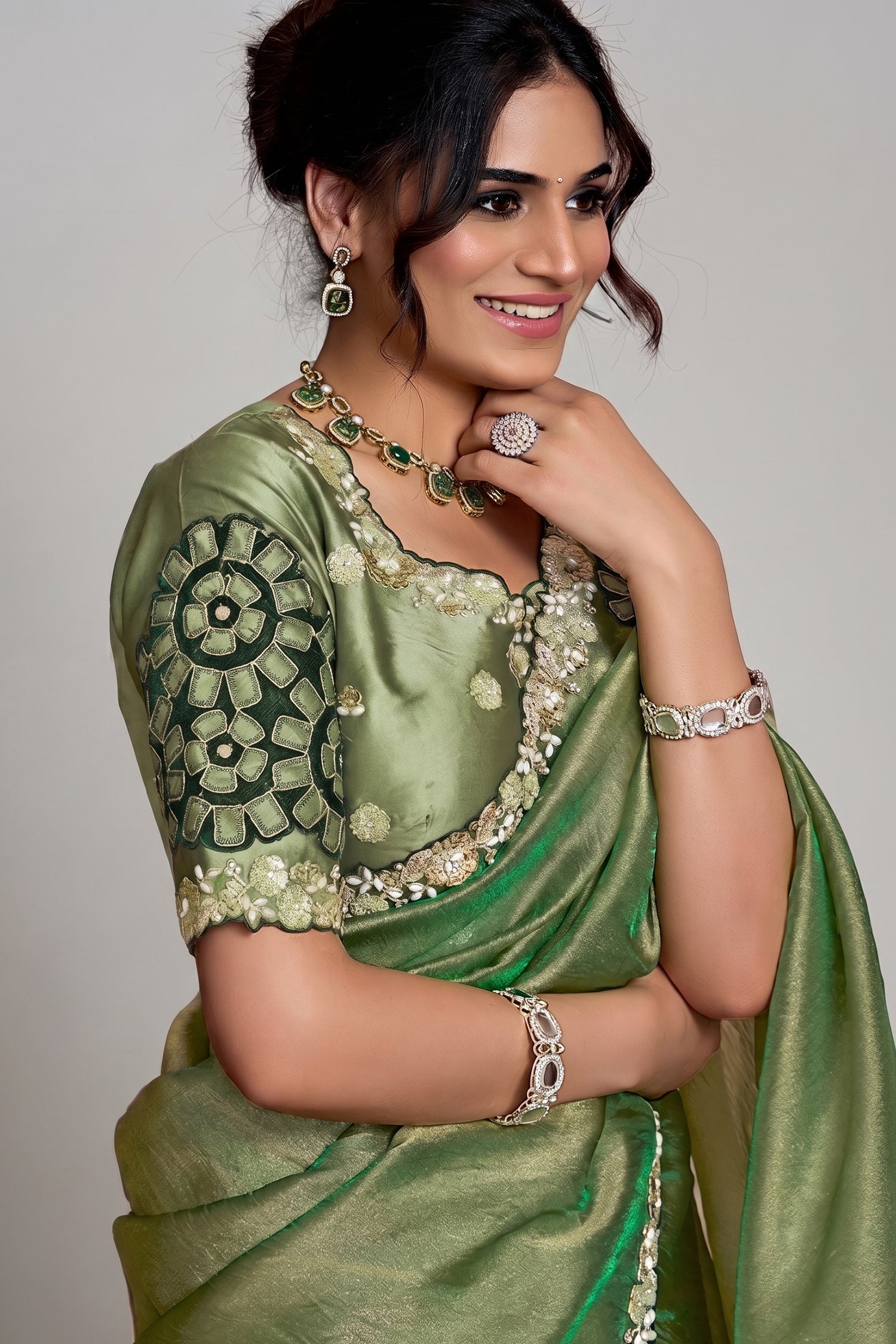 Olive Green Organza Saree Elevated With A Heavily Worked Secondary image