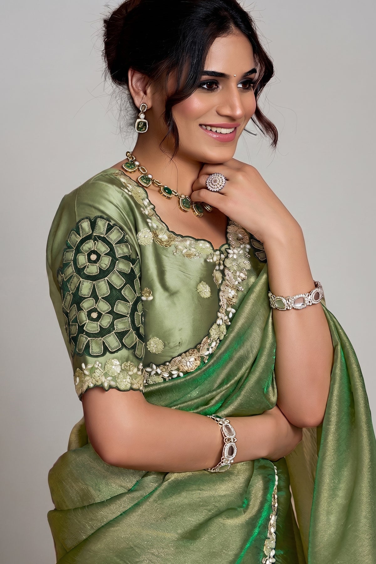 Olive Green Organza Saree Elevated With A Heavily Worked