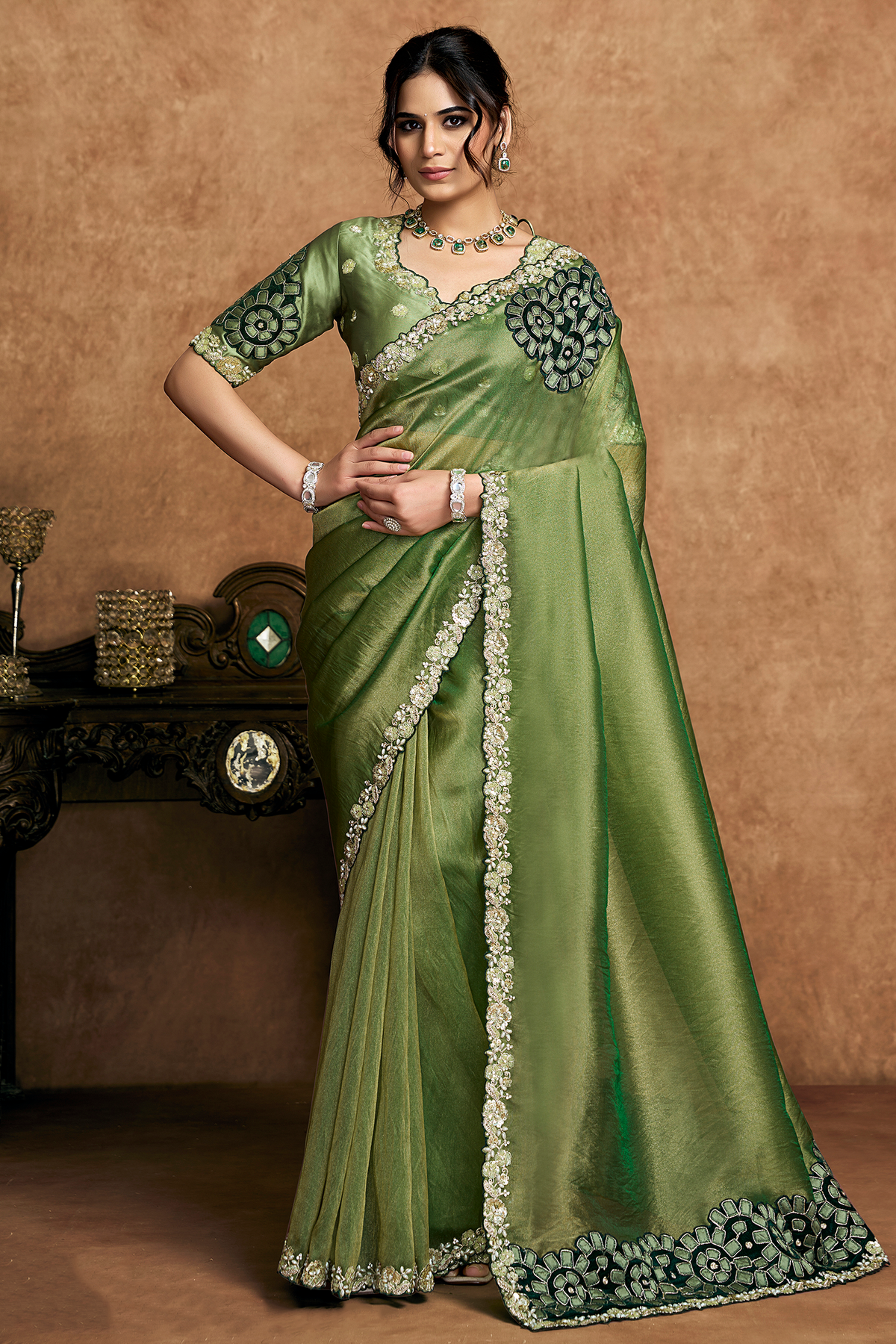 Olive Green Organza Saree Elevated With A Heavily Worked