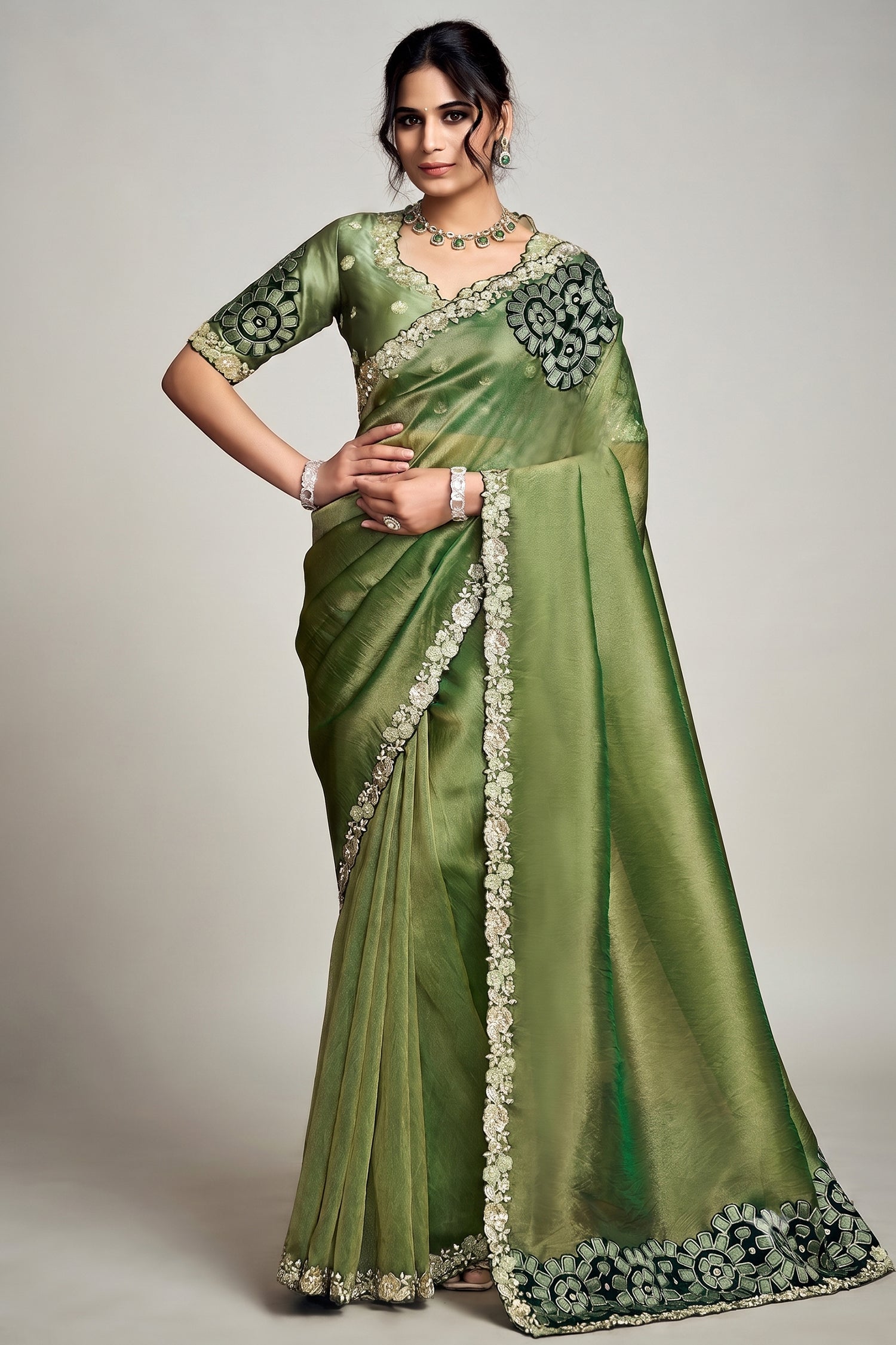 Olive Green Organza Saree Elevated With A Heavily Worked Main image