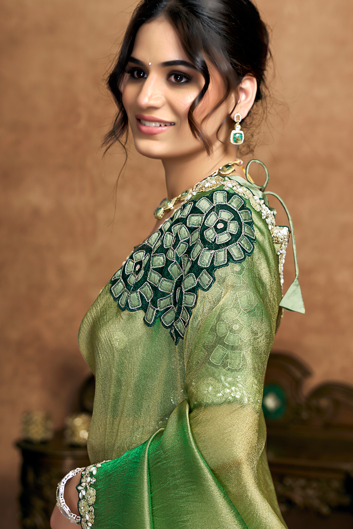 Olive Green Organza Saree Elevated With A Heavily Worked