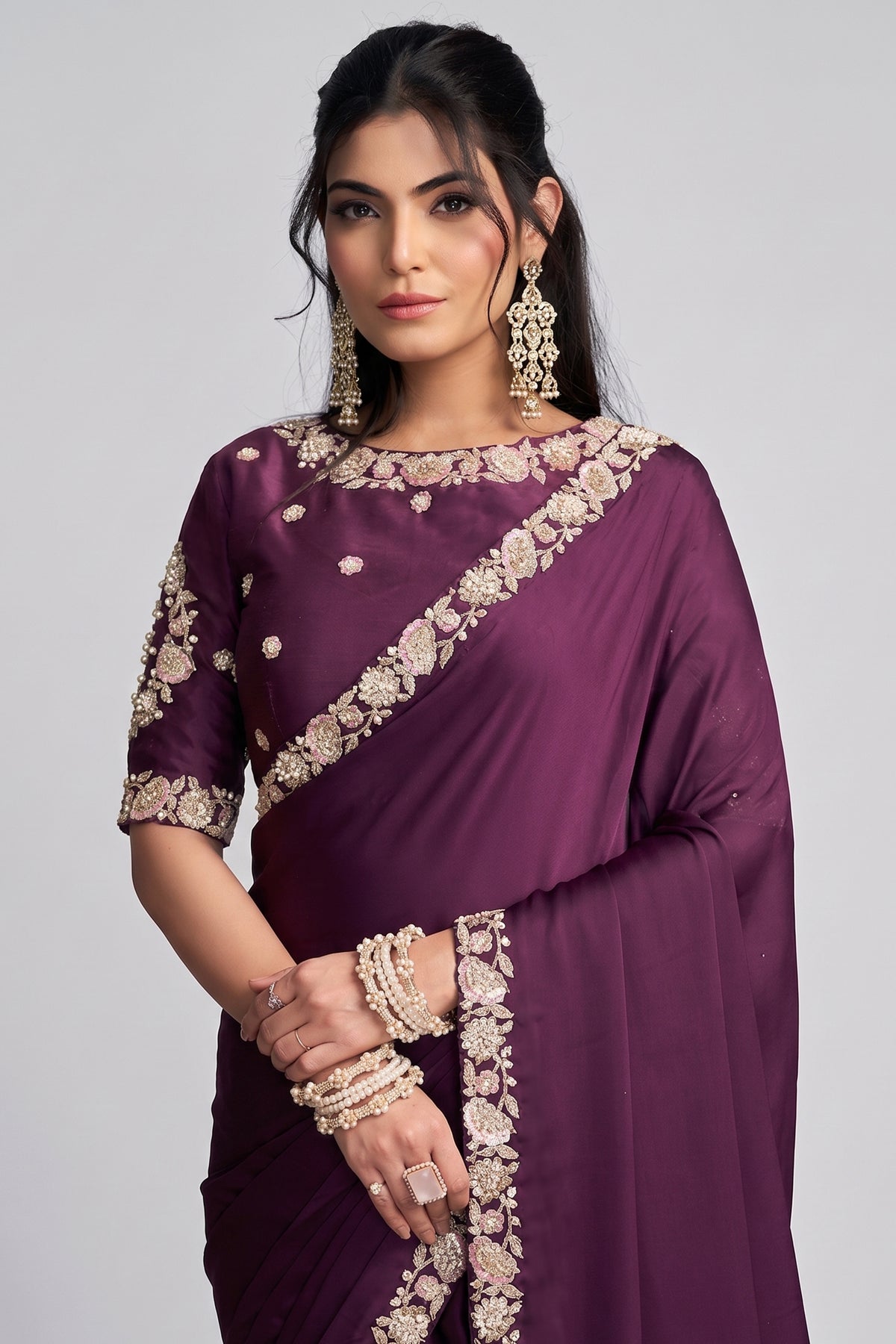 Deep Mulberry Purple Satin Silk Saree With Elevated Sequin Embroidery