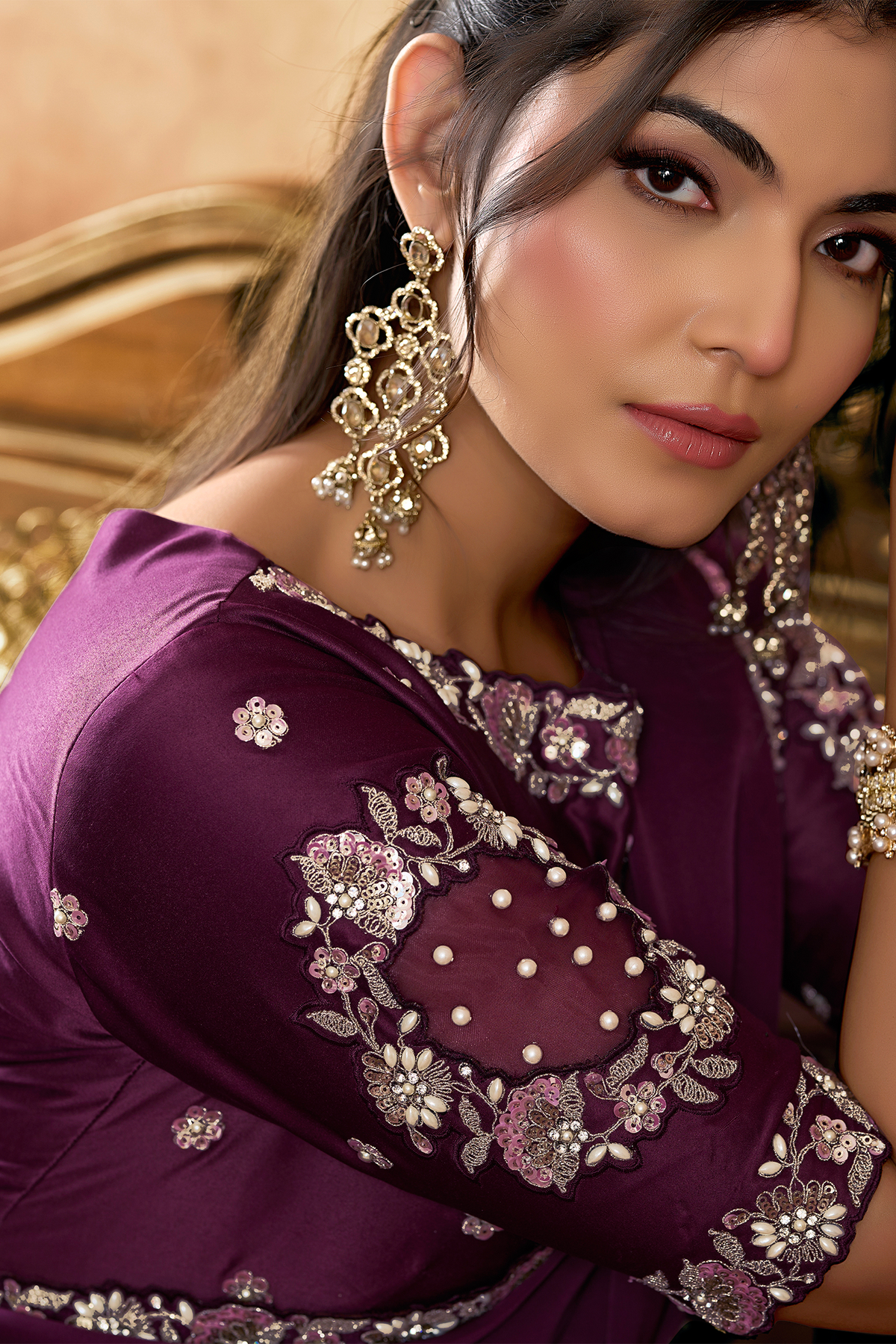 Deep Mulberry Purple Satin Silk Saree With Elevated Sequin Embroidery