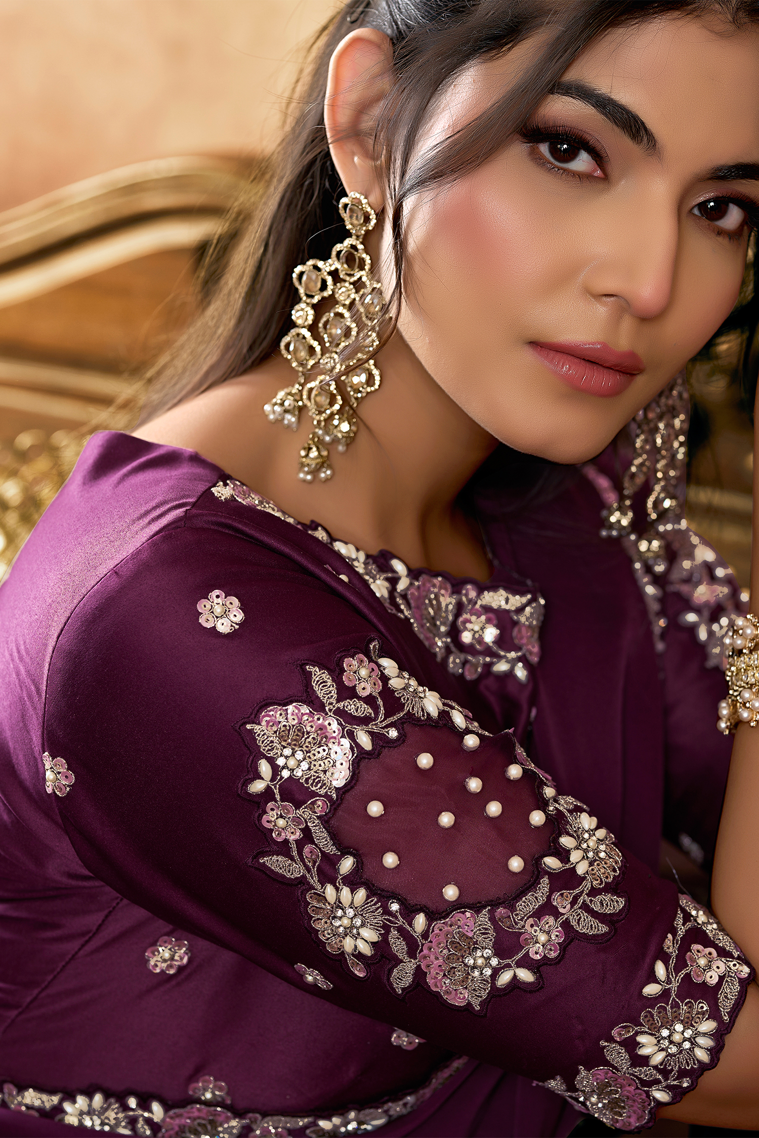 Deep Mulberry Purple Satin Silk Saree With Elevated Sequin Embroidery