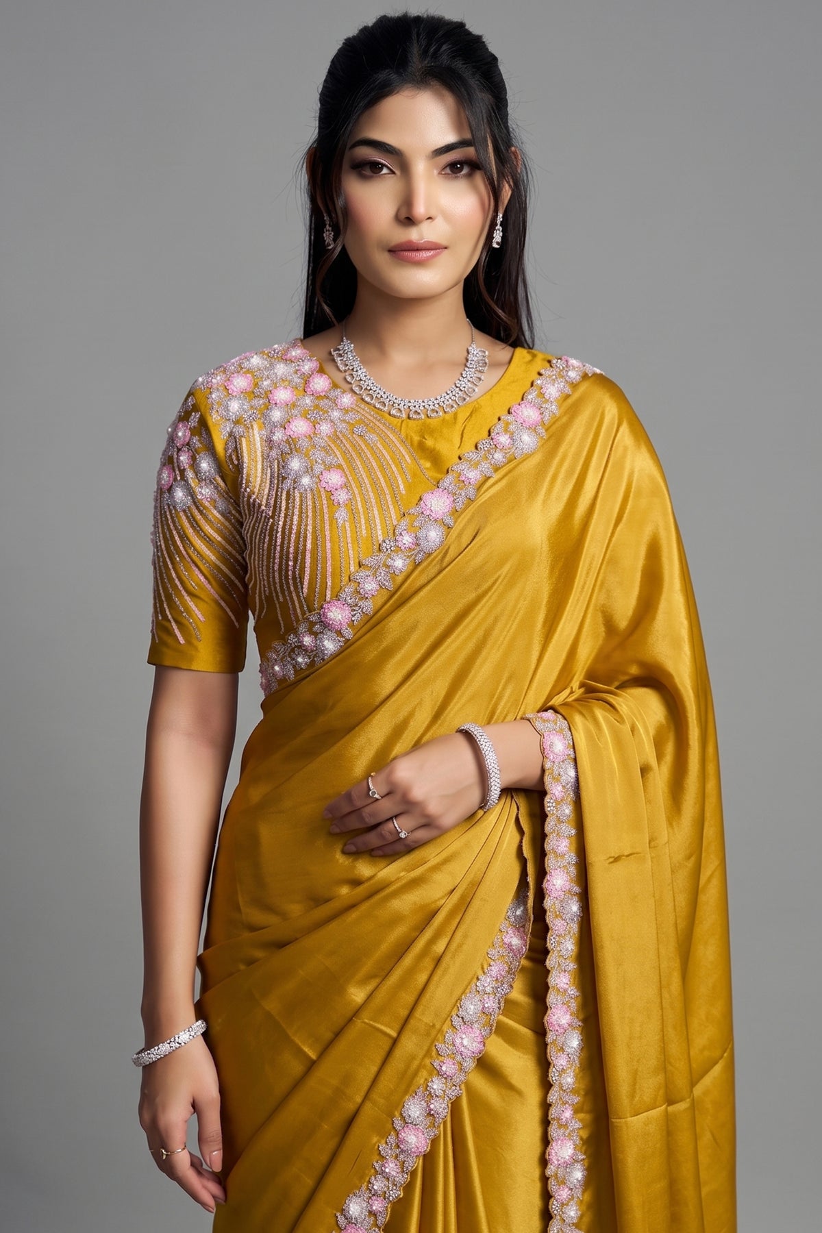 Honey Mustard Crepe Satin Saree Adorned With Dual Sequin And Pearl Handwork