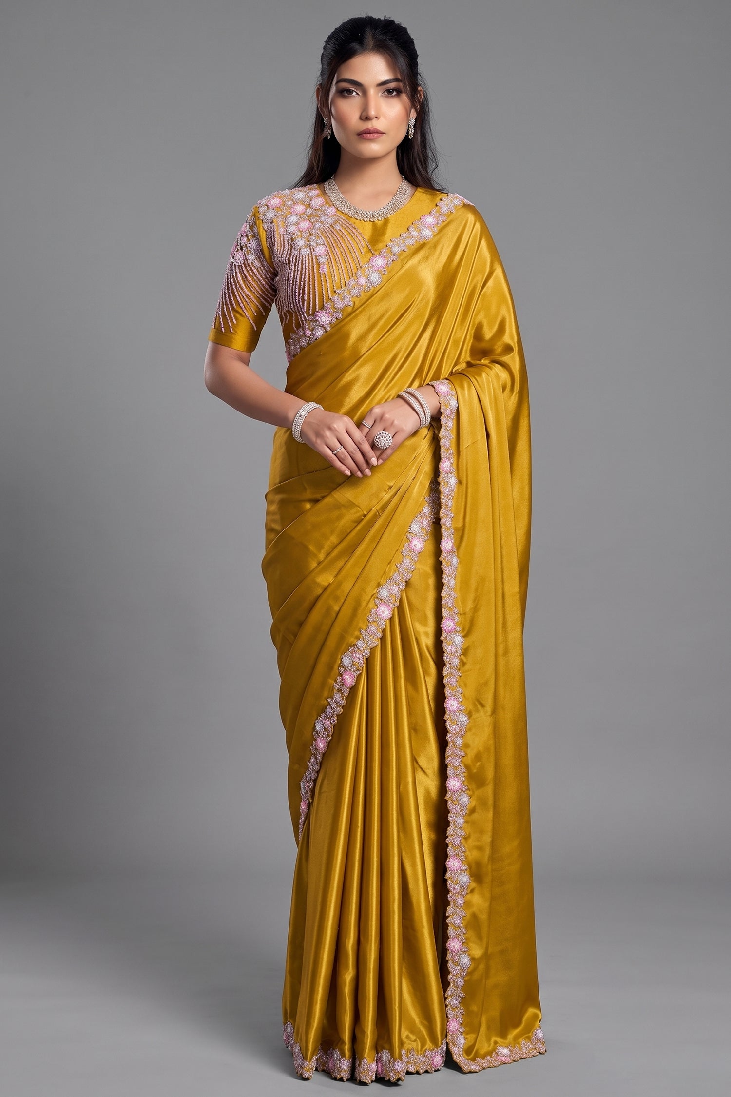 Honey Mustard Crepe Satin Saree Adorned With Dual Sequin And Pearl Handwork Main image