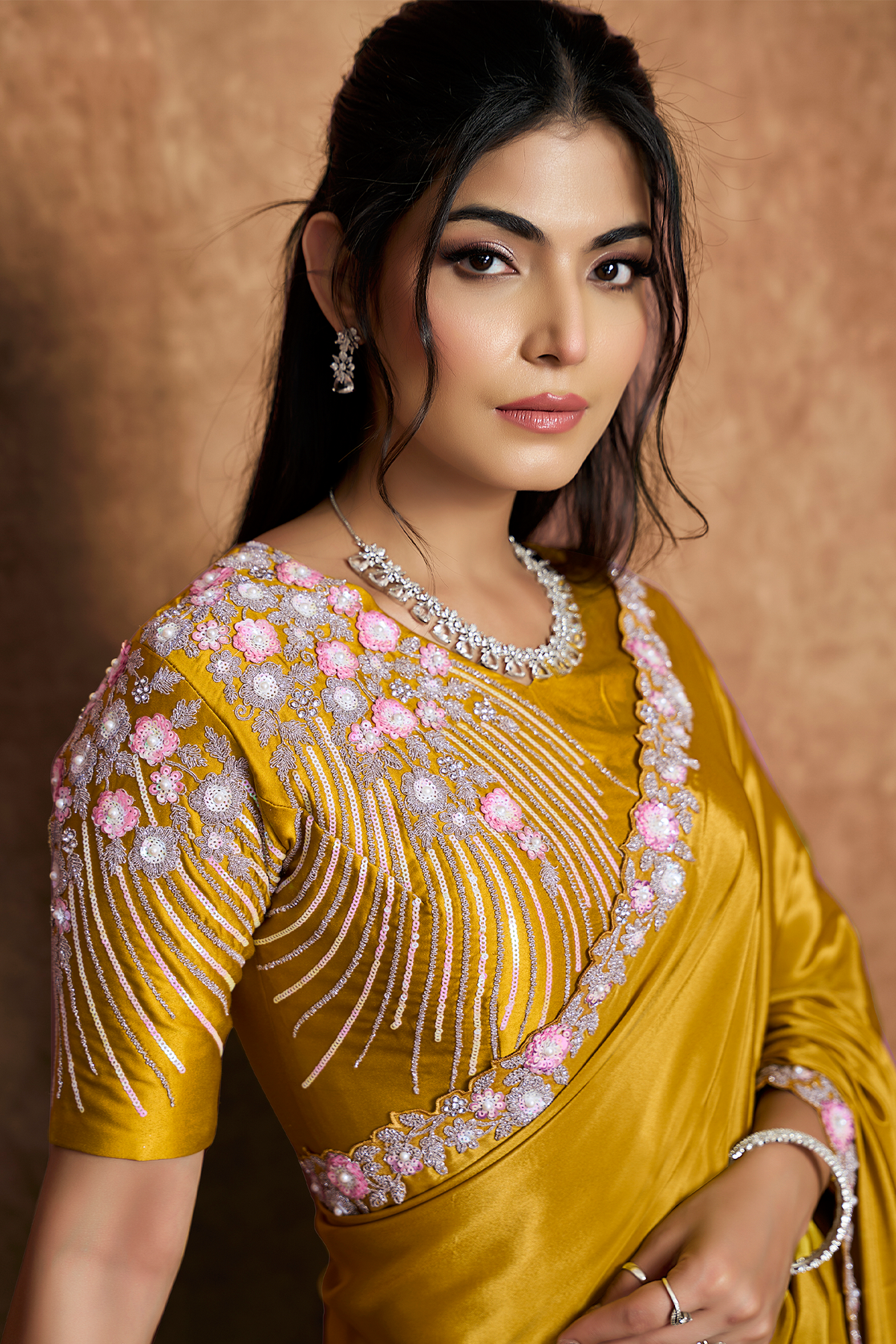 Honey Mustard Crepe Satin Saree Adorned With Dual Sequin And Pearl Handwork